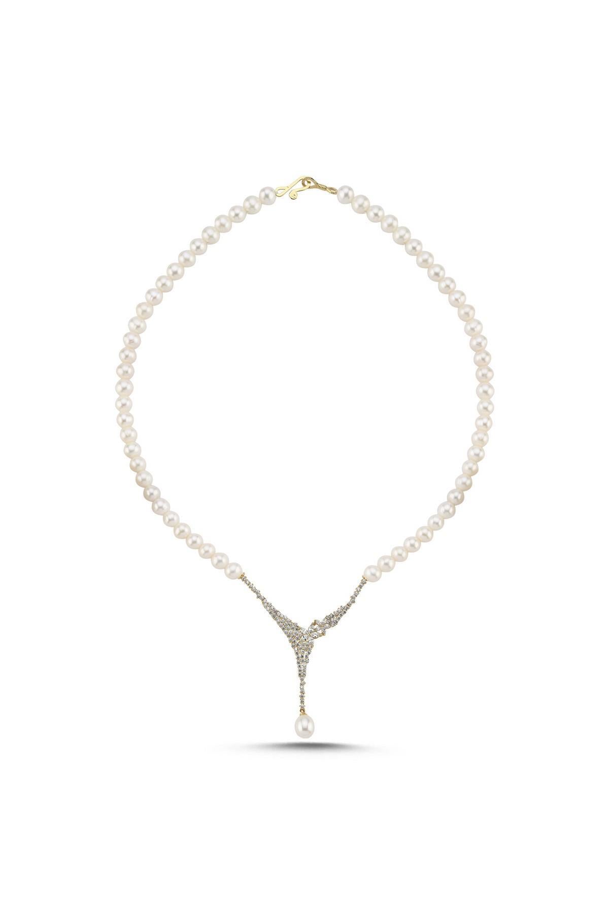 Çiçek Detay Zirkon Taşlı Doğal İnci Kolye