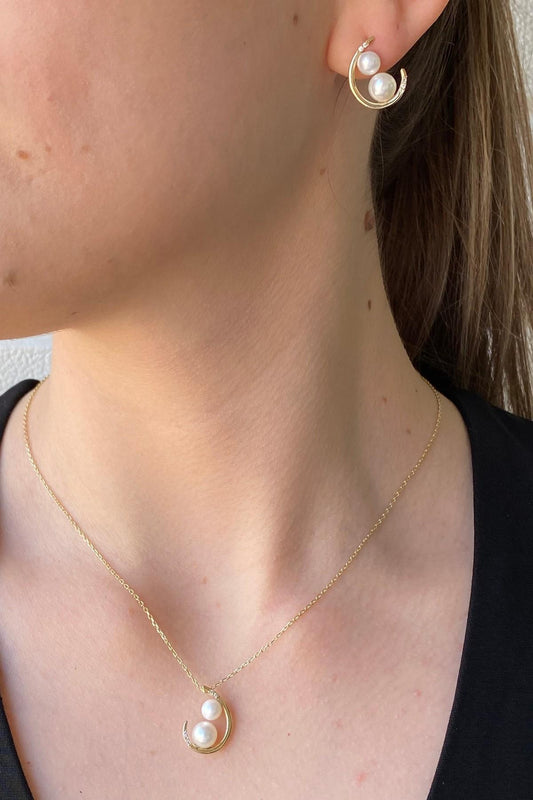 Çift Doğal İncili Küpe Kolye İkili Set