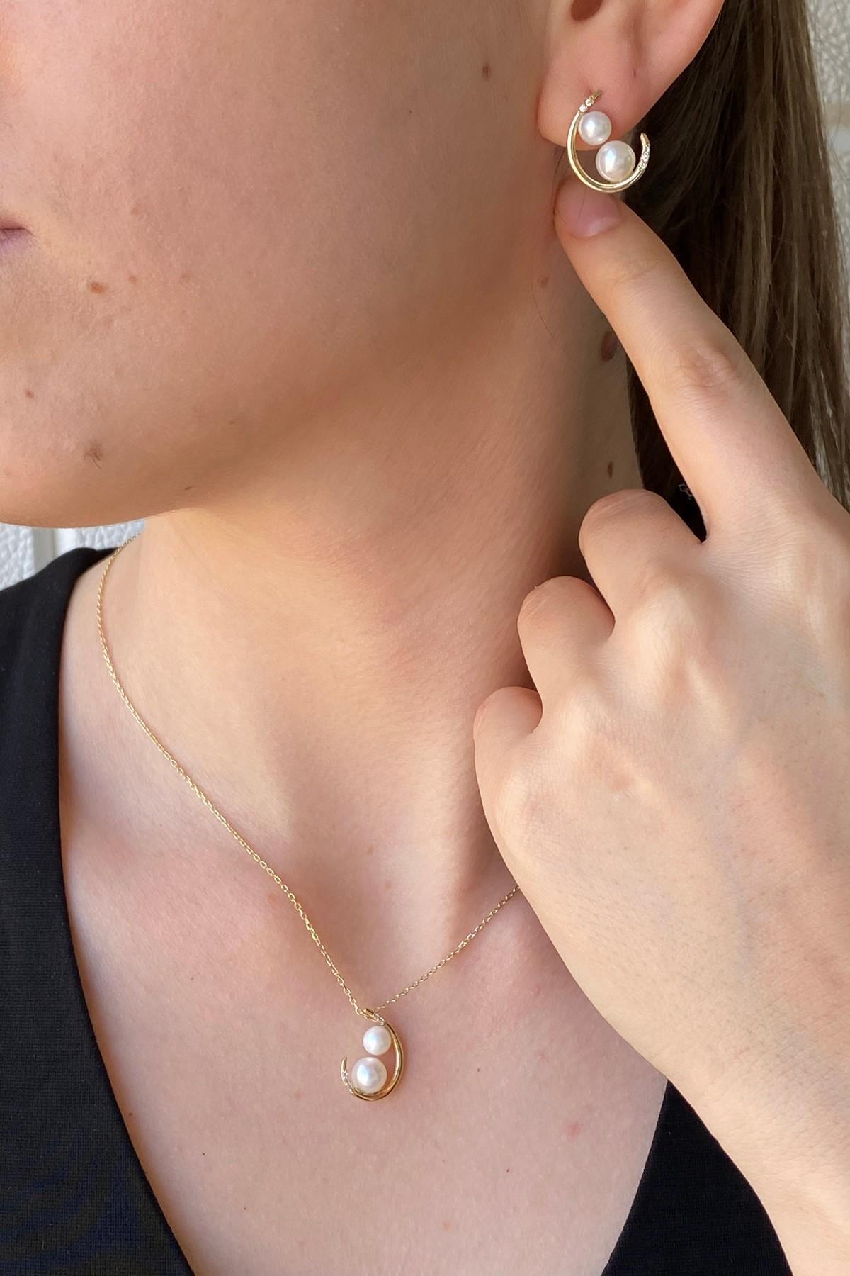 Çift Doğal İncili Küpe Kolye İkili Set