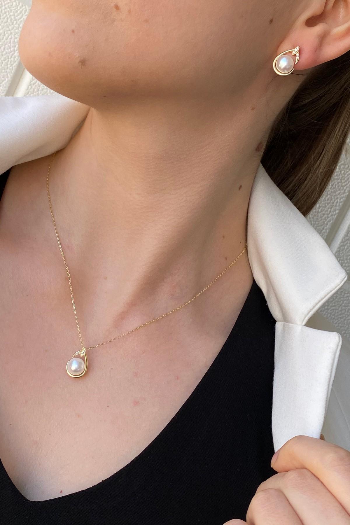 Damla Doğal İnci Küpe Kolye İkili Set