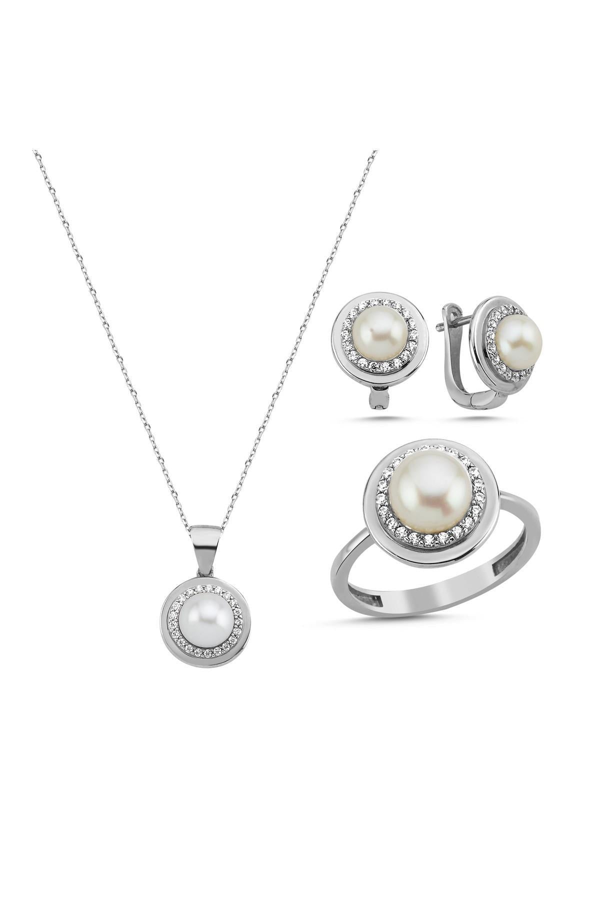 Doğal İnci Küpe Kolye Yüzük Üçlü Set