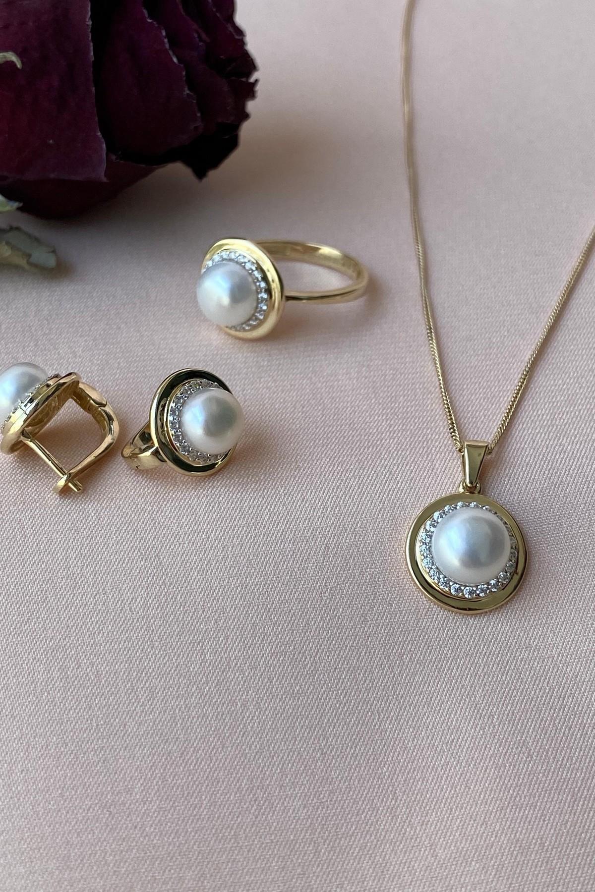 Doğal İnci Küpe Kolye Yüzük Üçlü Set