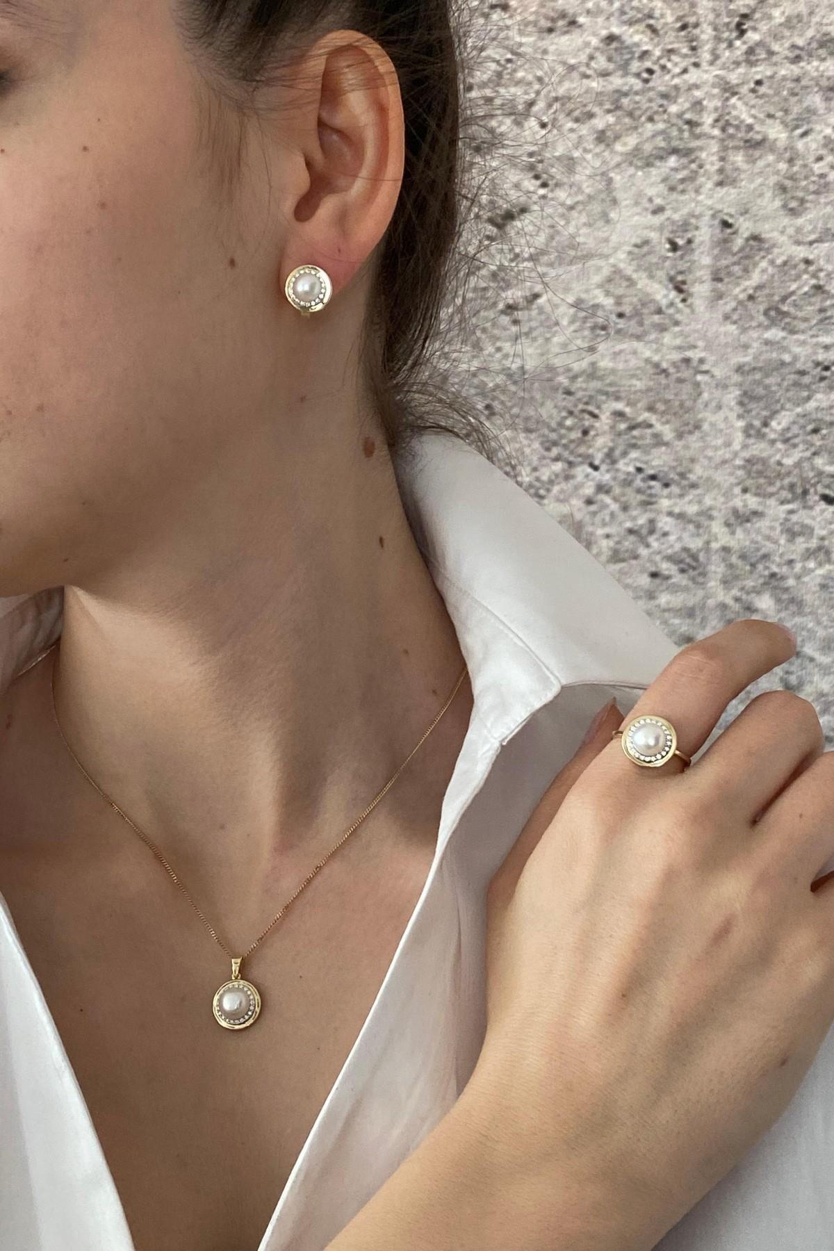 Doğal İnci Küpe Kolye Yüzük Üçlü Set