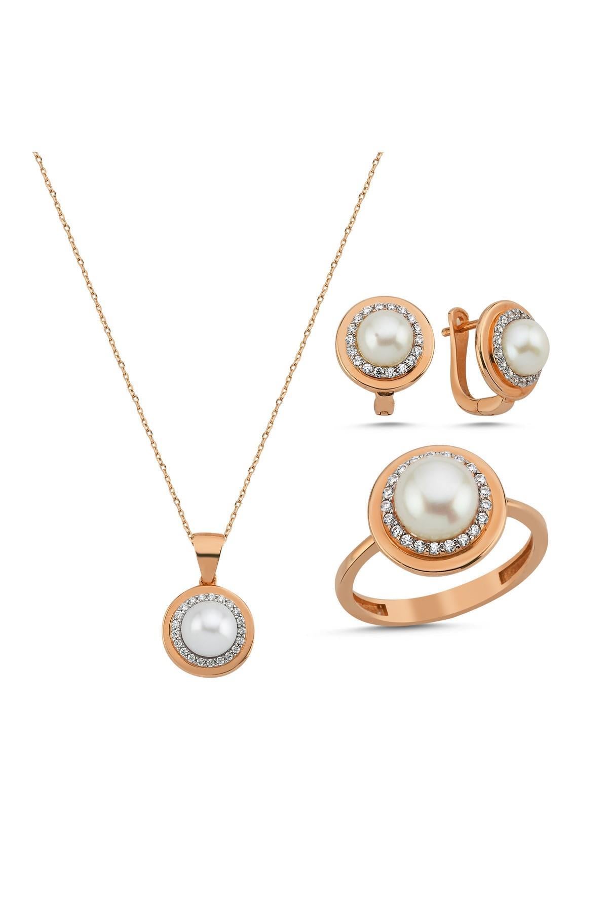 Doğal İnci Küpe Kolye Yüzük Üçlü Set