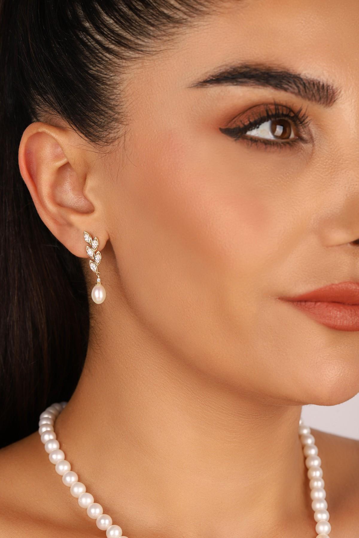 Doğal İnci Yaprak Taşlı Küpe