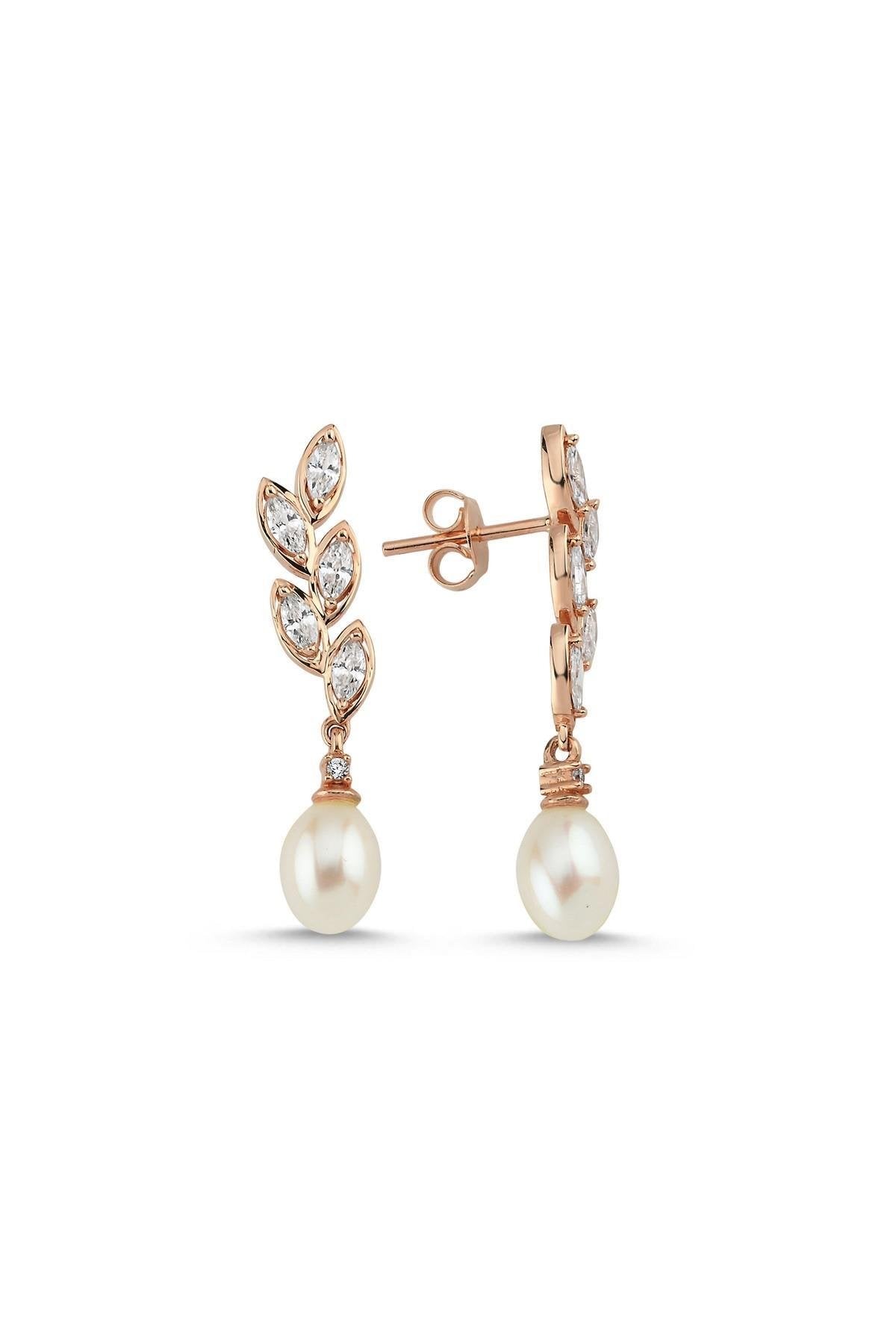 Doğal İnci Yaprak Taşlı Küpe