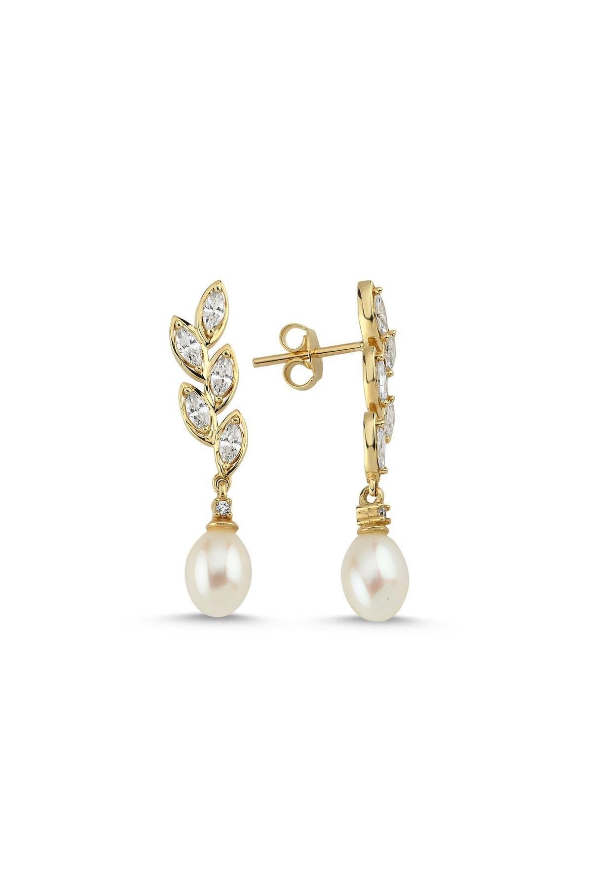 Doğal İnci Yaprak Taşlı Küpe