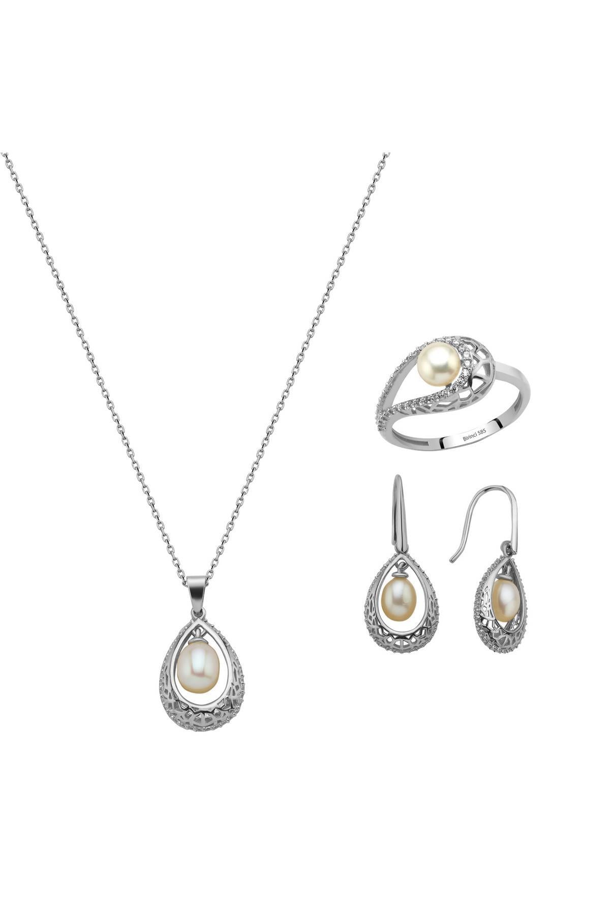 Doğal İncili Küpe Kolye Yüzük Üçlü Set