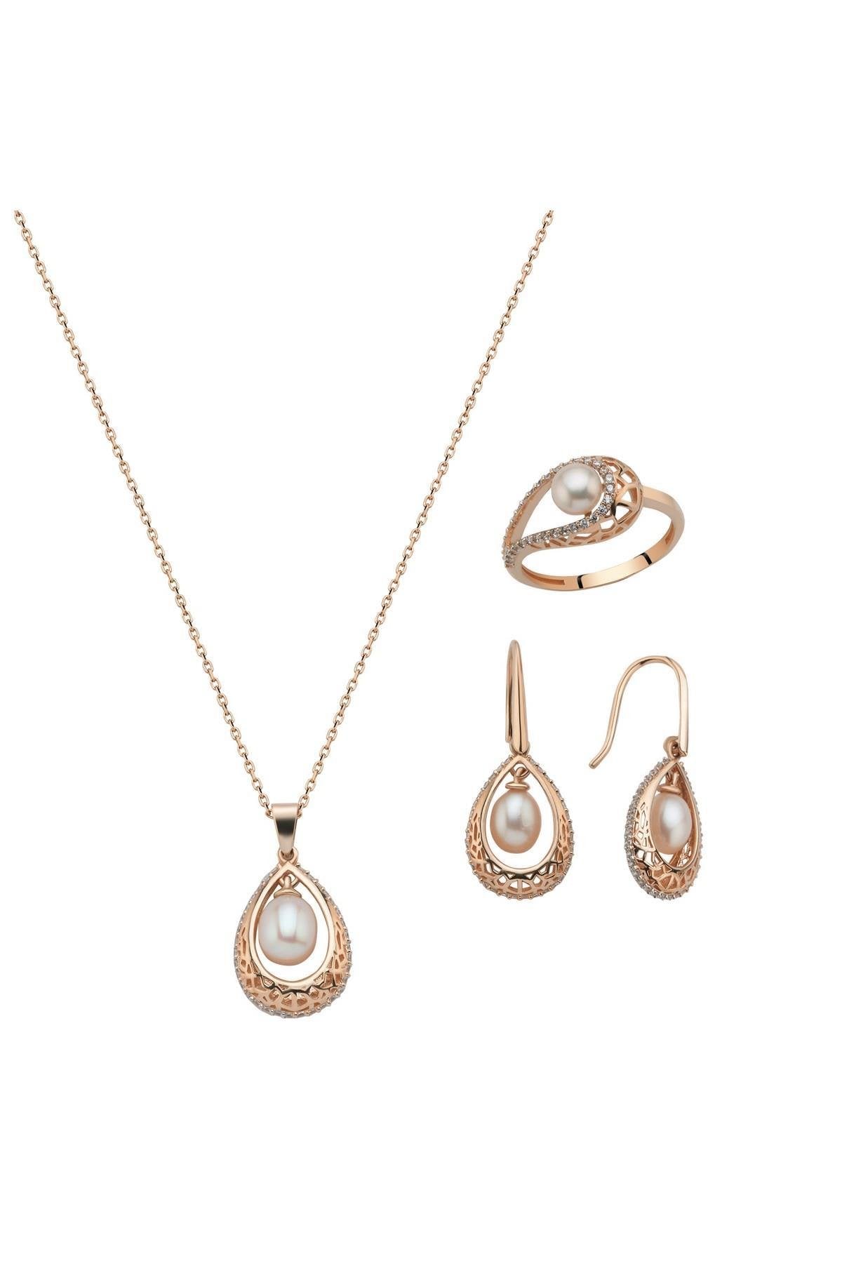 Doğal İncili Küpe Kolye Yüzük Üçlü Set