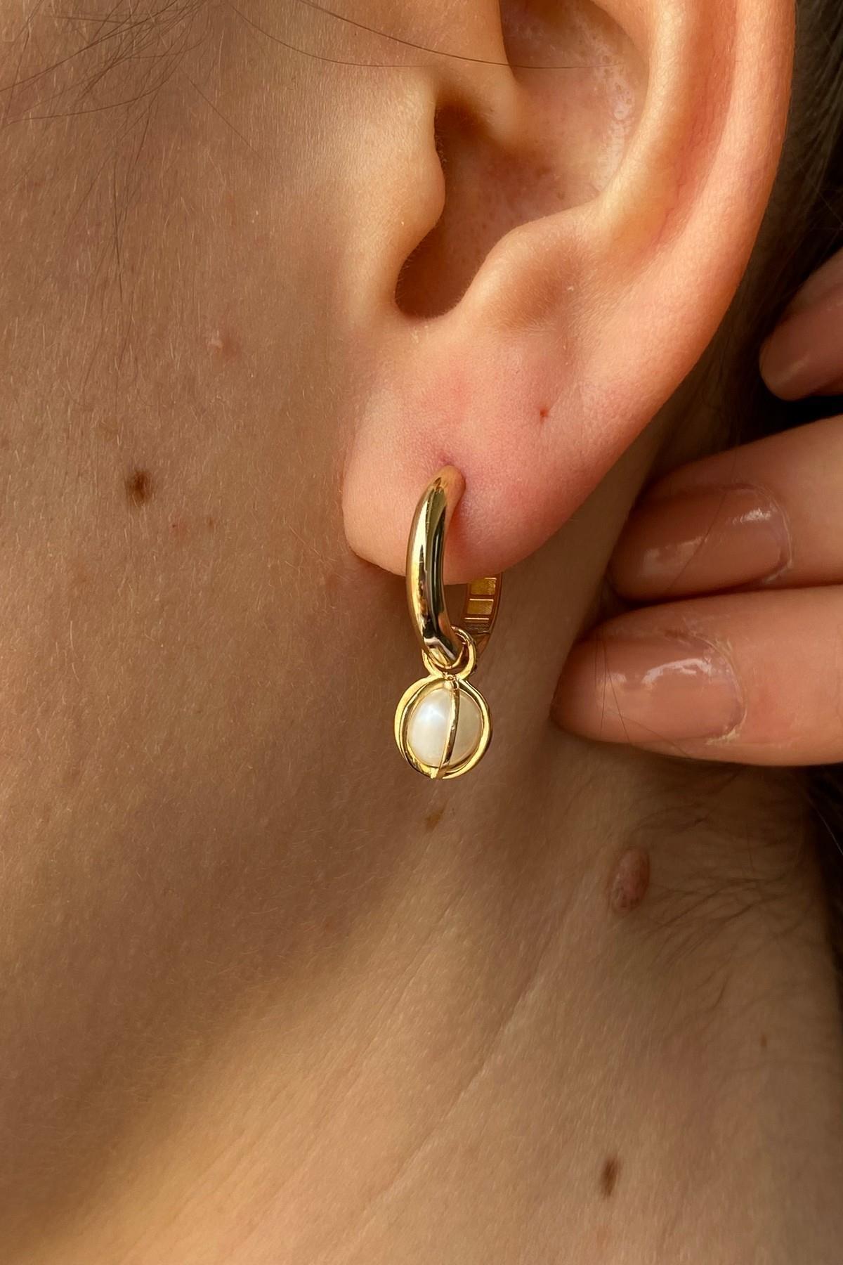 Küçük Halka Kafes Doğal İnci Küpe