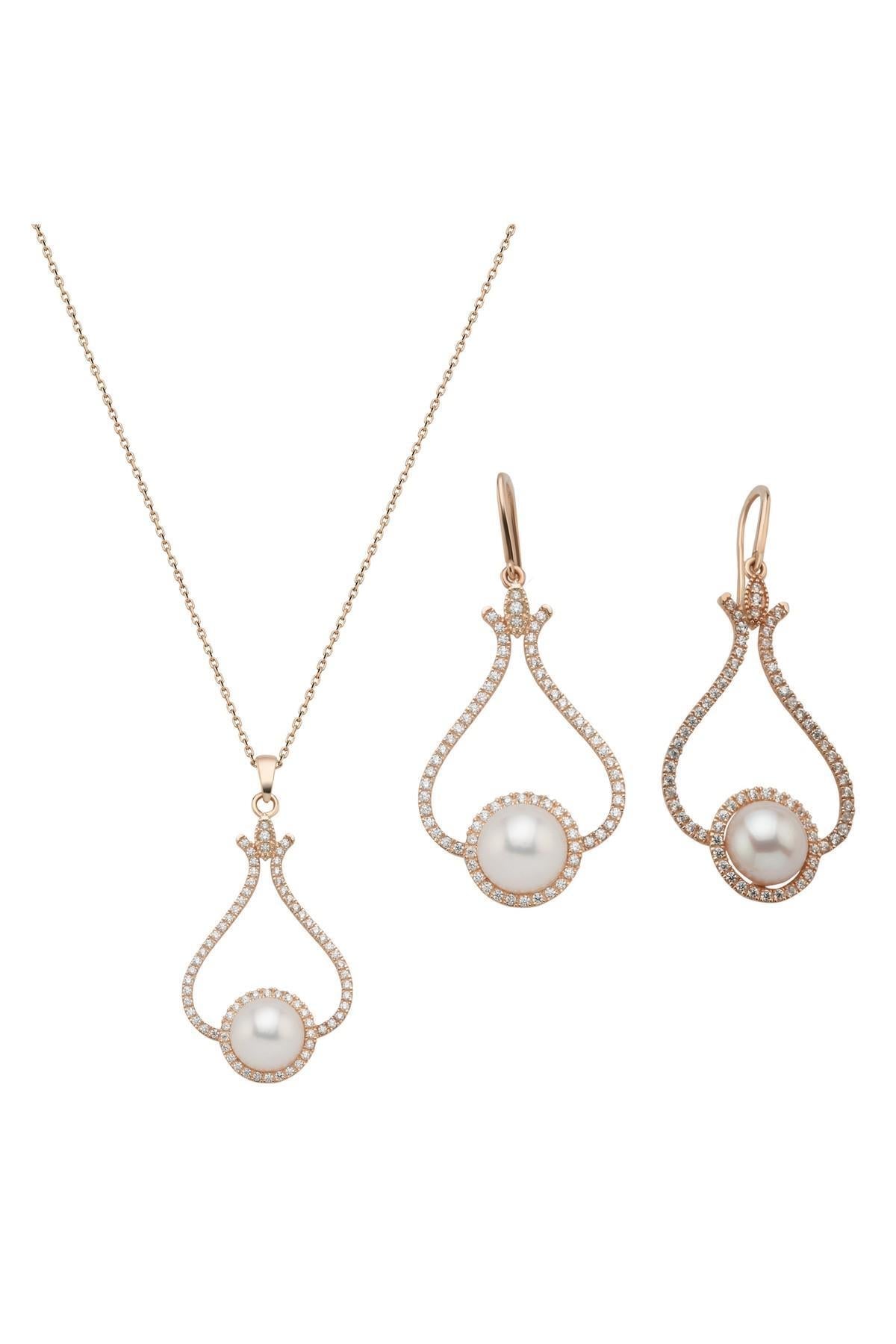 Lale Taşlı Doğal İnci Küpe Kolye İkili Set