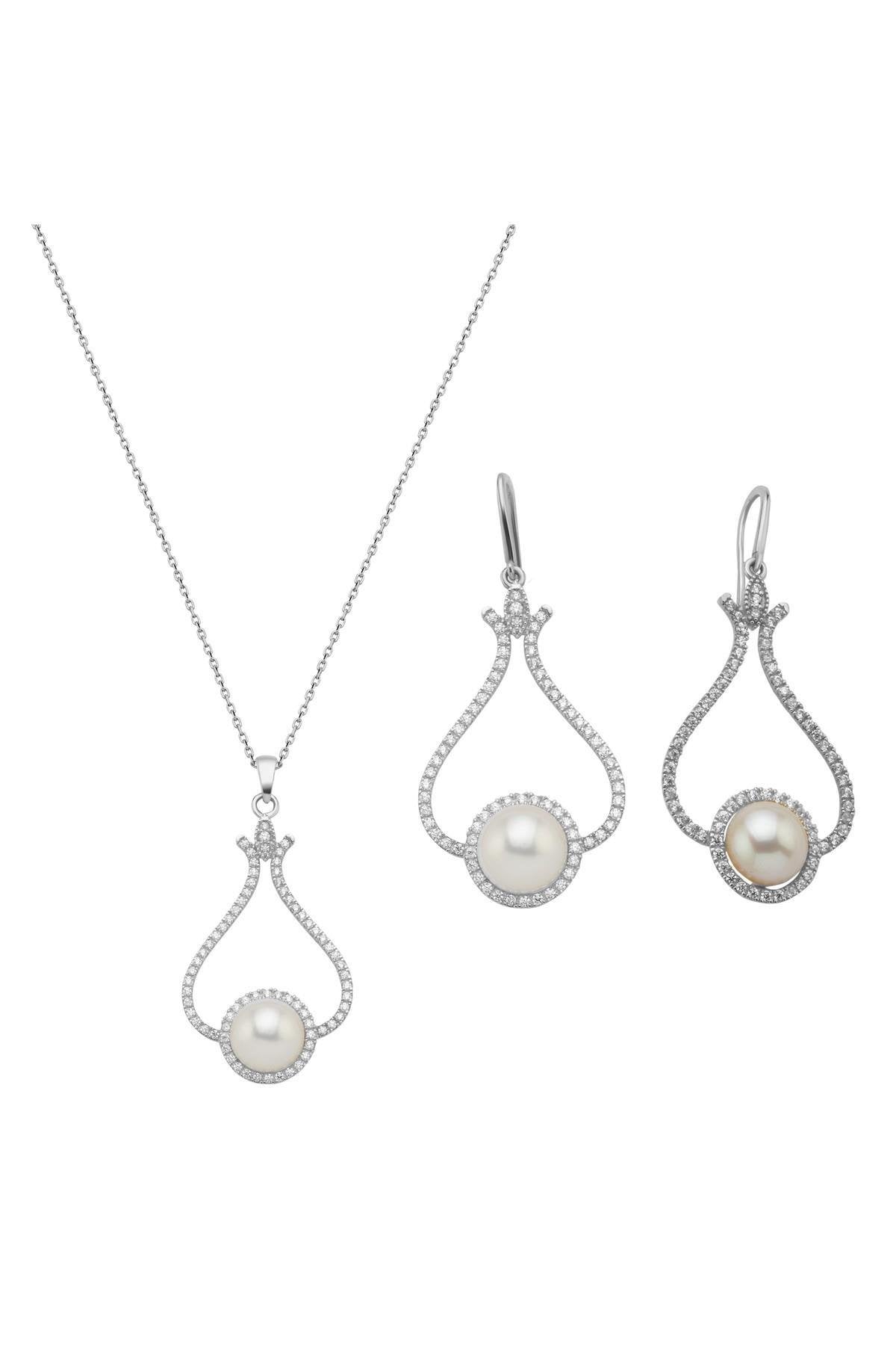 Lale Taşlı Doğal İnci Küpe Kolye İkili Set