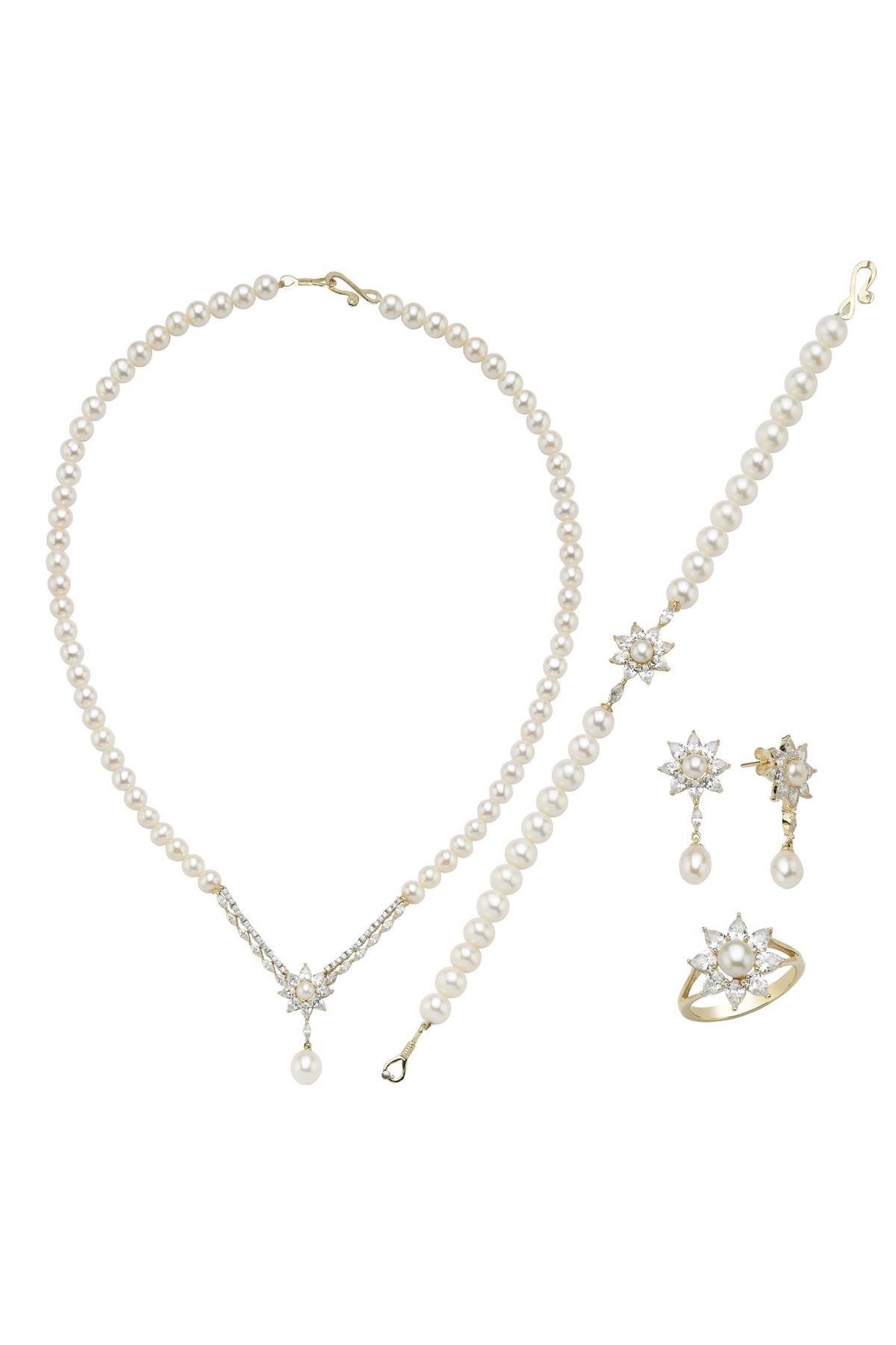 Papatya Modelli Doğal İnci Küpe Kolye Bileklik Yüzük Dörtlü Set