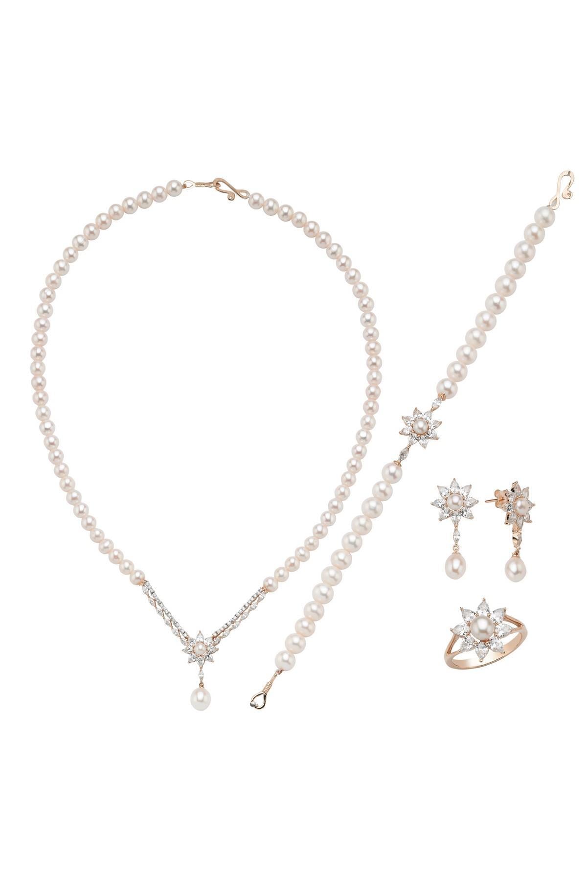 Papatya Modelli Doğal İnci Küpe Kolye Bileklik Yüzük Dörtlü Set