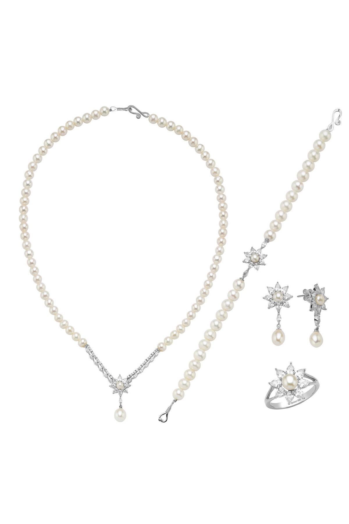 Papatya Modelli Doğal İnci Küpe Kolye Bileklik Yüzük Dörtlü Set