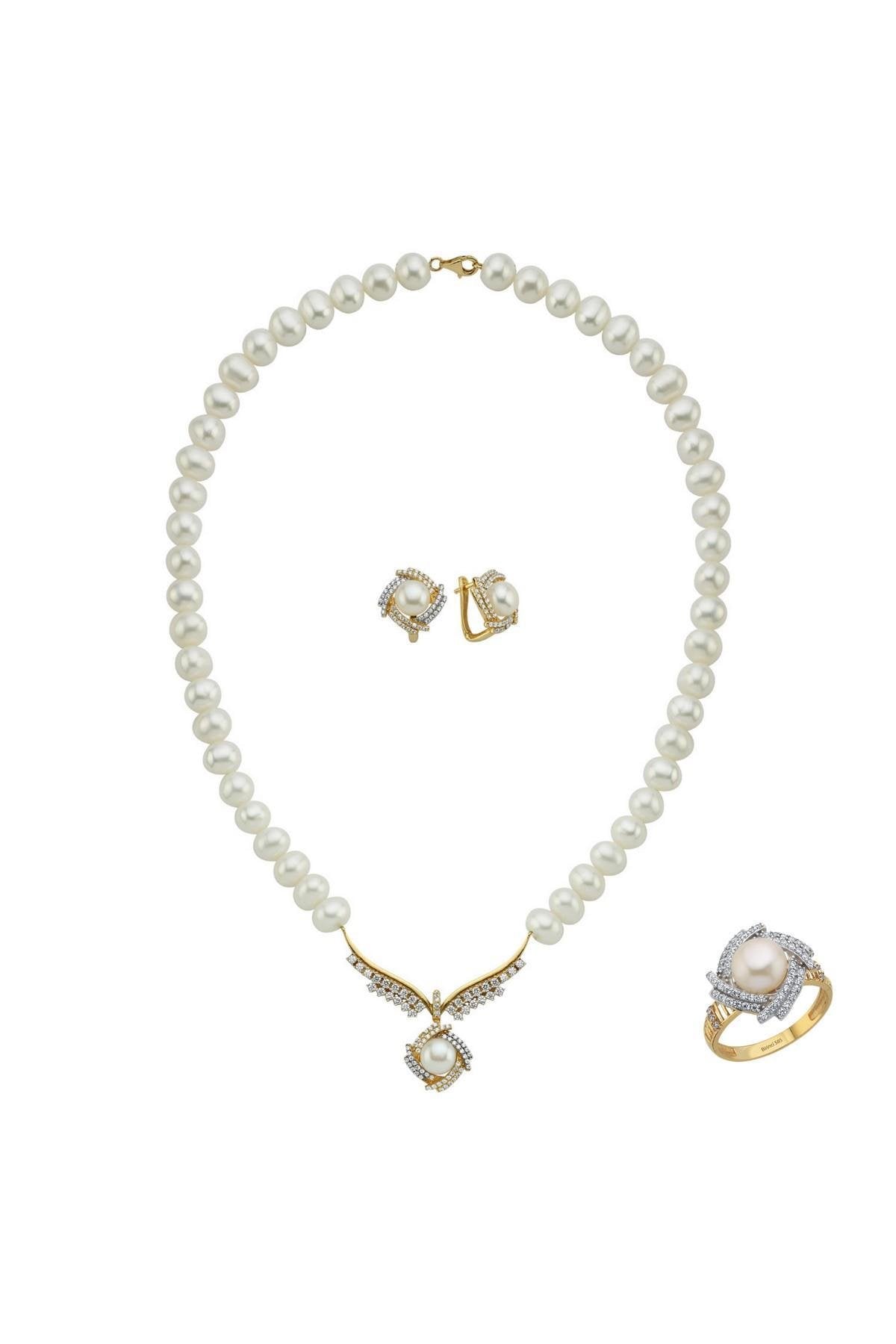 Rüzgar Gülü Doğal İnci Küpe Kolye Yüzük Üçlü Set