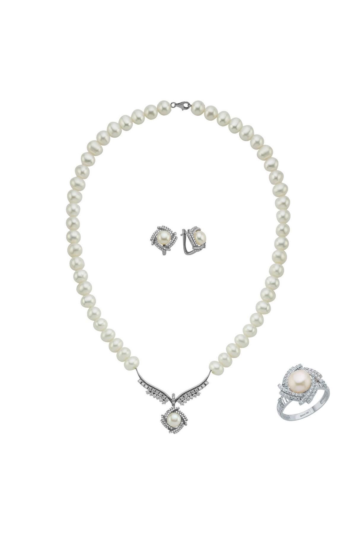 Rüzgar Gülü Doğal İnci Küpe Kolye Yüzük Üçlü Set