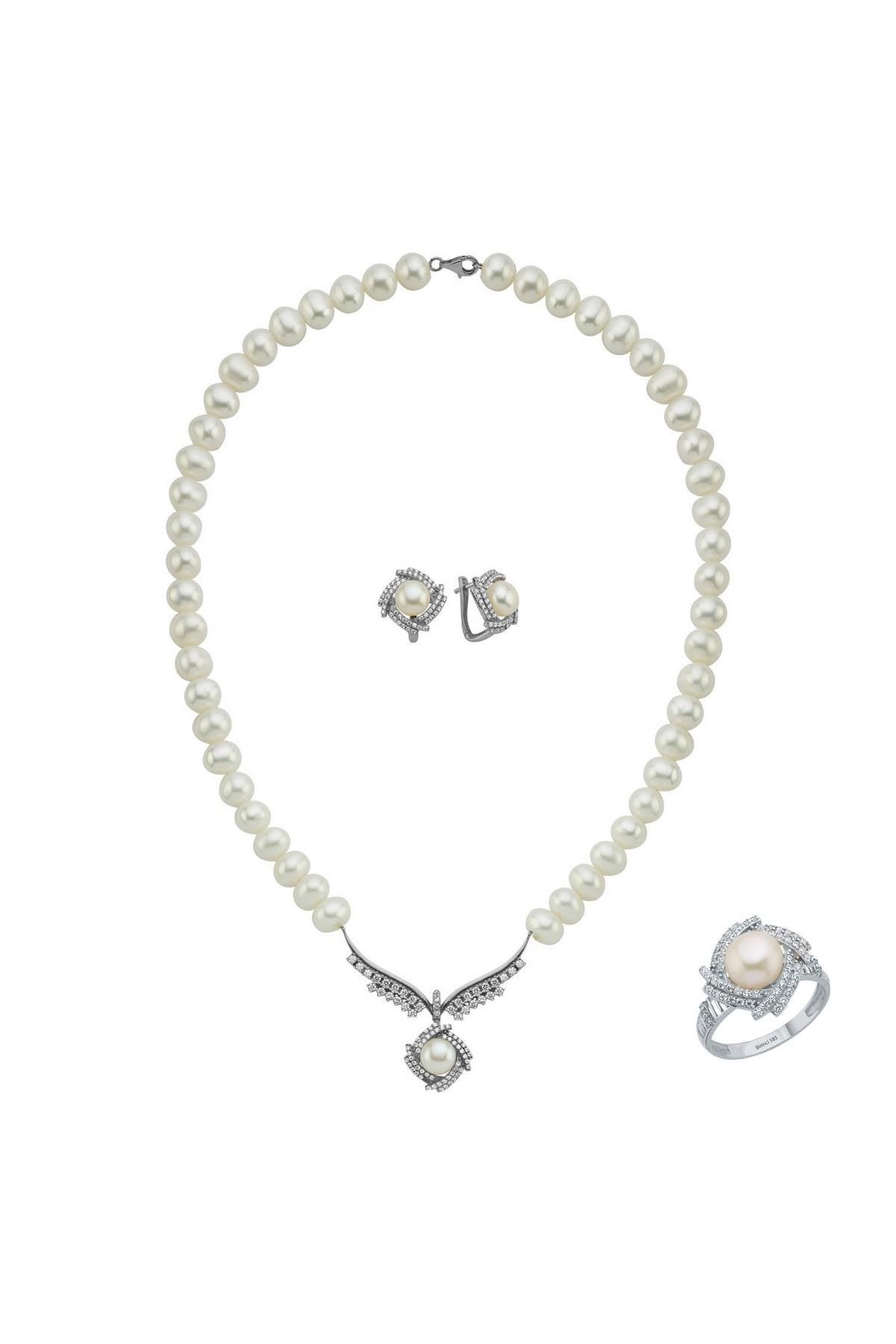 Rüzgar Gülü Doğal İnci Küpe Kolye Yüzük Üçlü Set