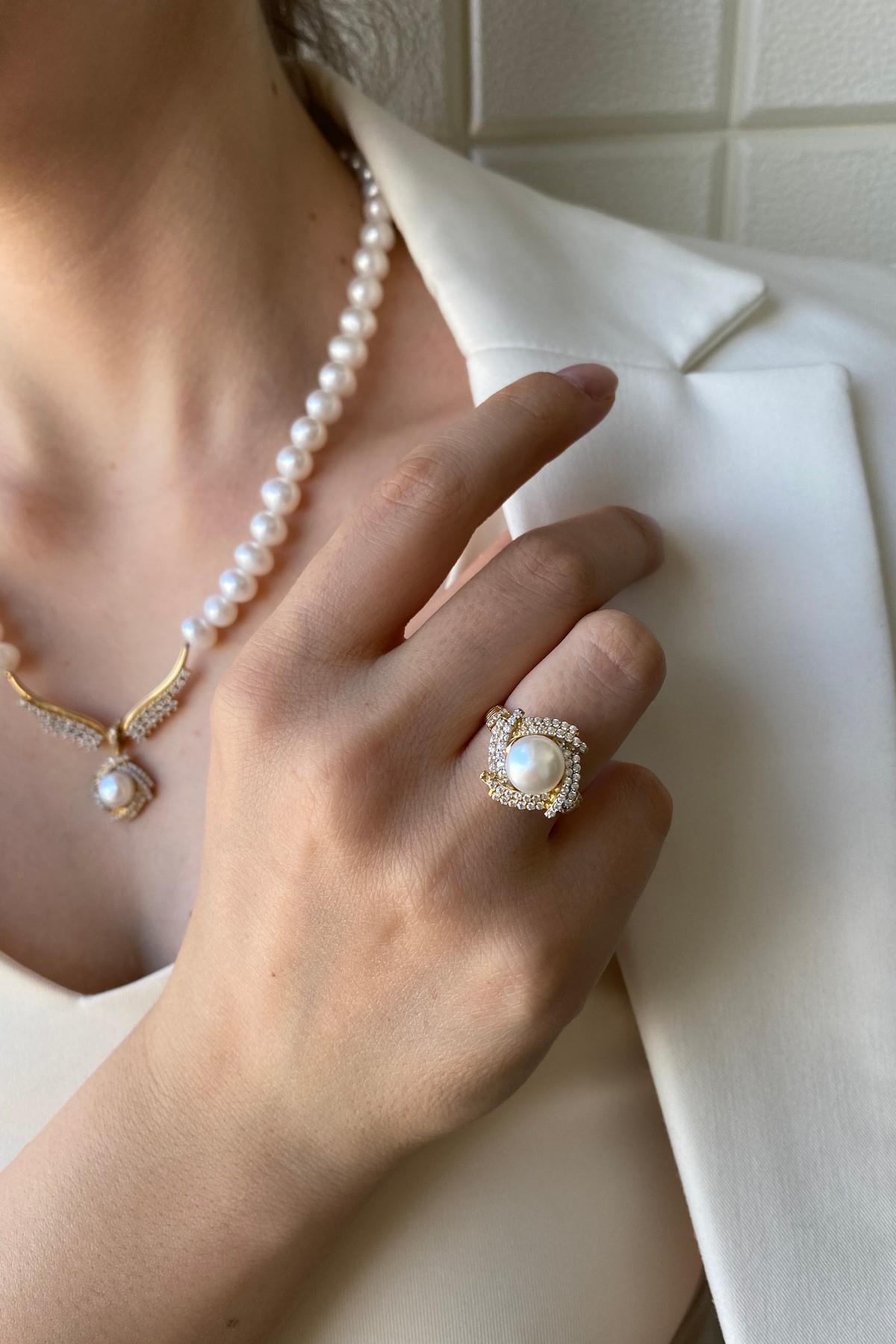 Rüzgar Gülü Doğal İnci Küpe Kolye Yüzük Üçlü Set