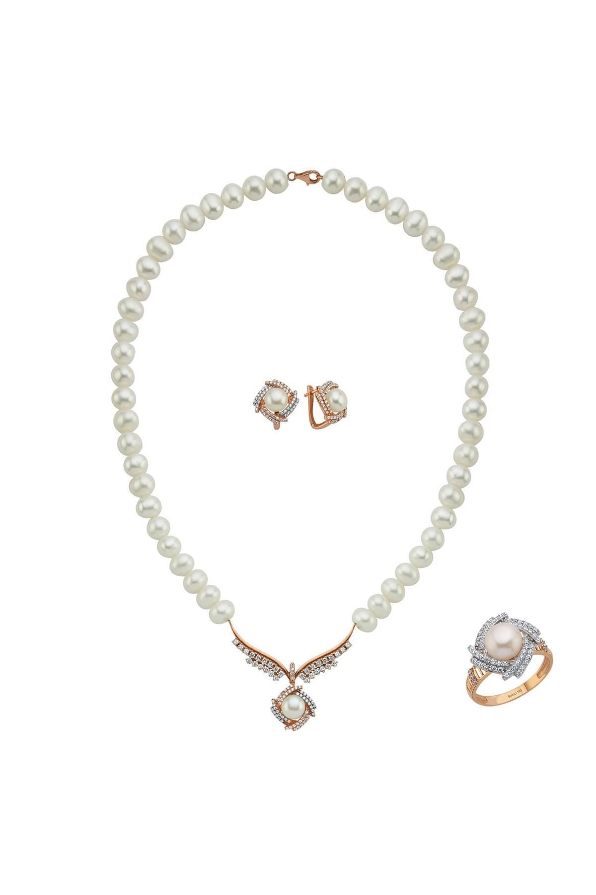 Rüzgar Gülü Doğal İnci Küpe Kolye Yüzük Üçlü Set