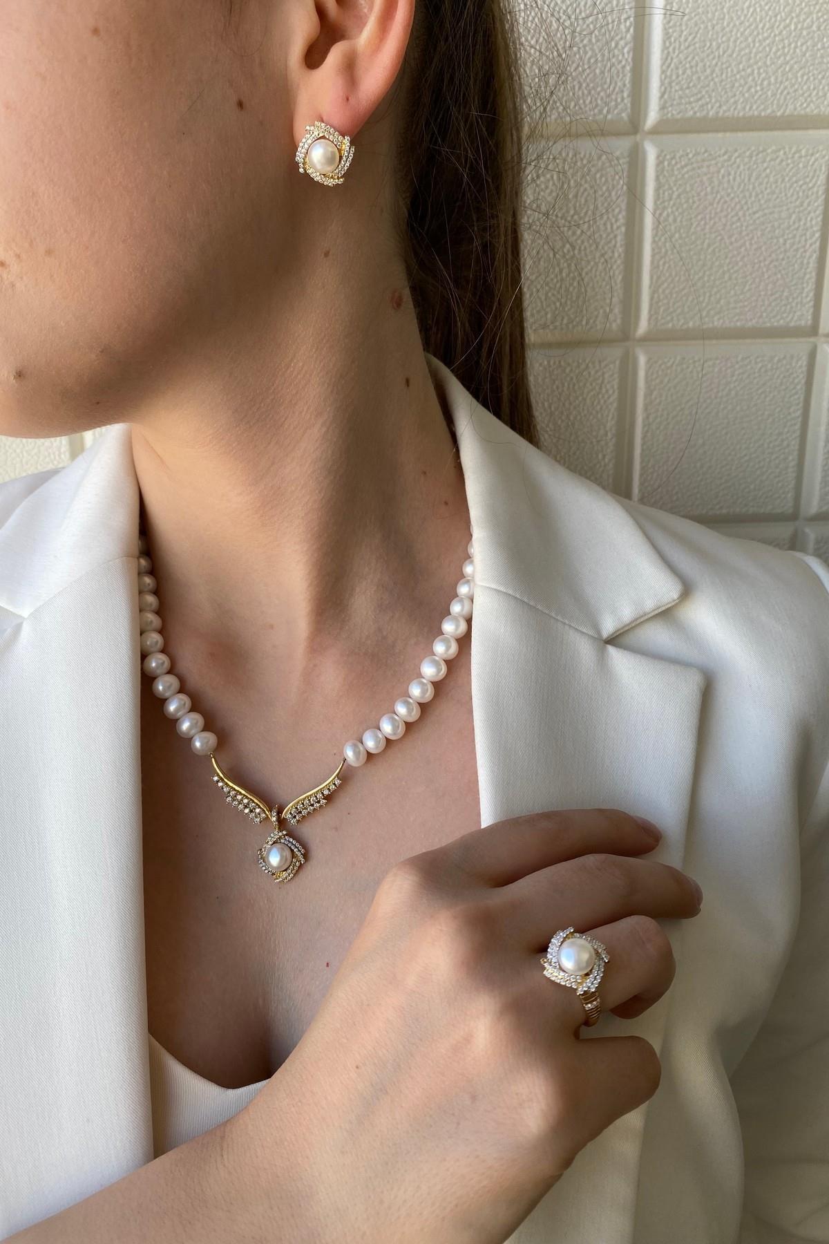 Rüzgar Gülü Doğal İnci Küpe Kolye Yüzük Üçlü Set