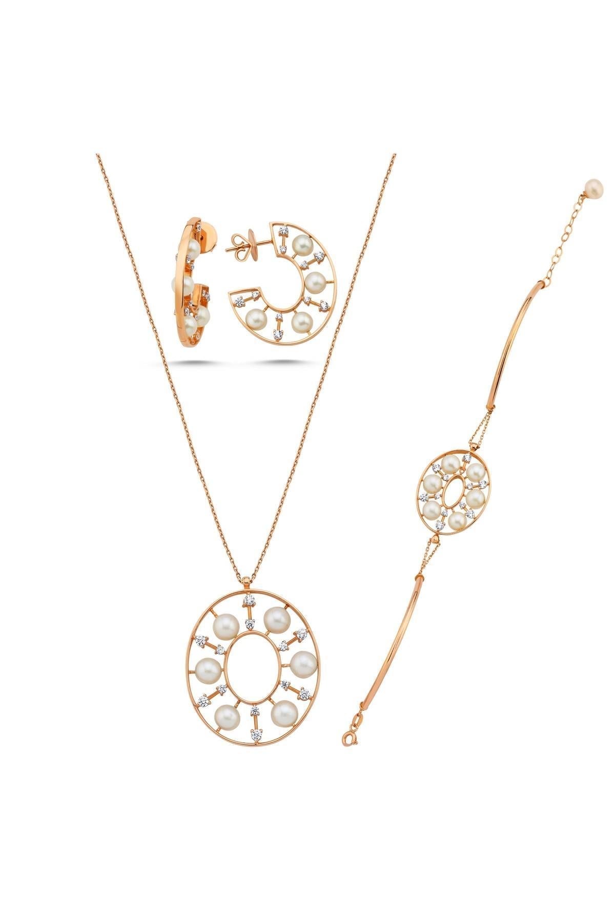 Tasarımlı Doğal İnci Küpe Kolye Bileklik Üçlü Set