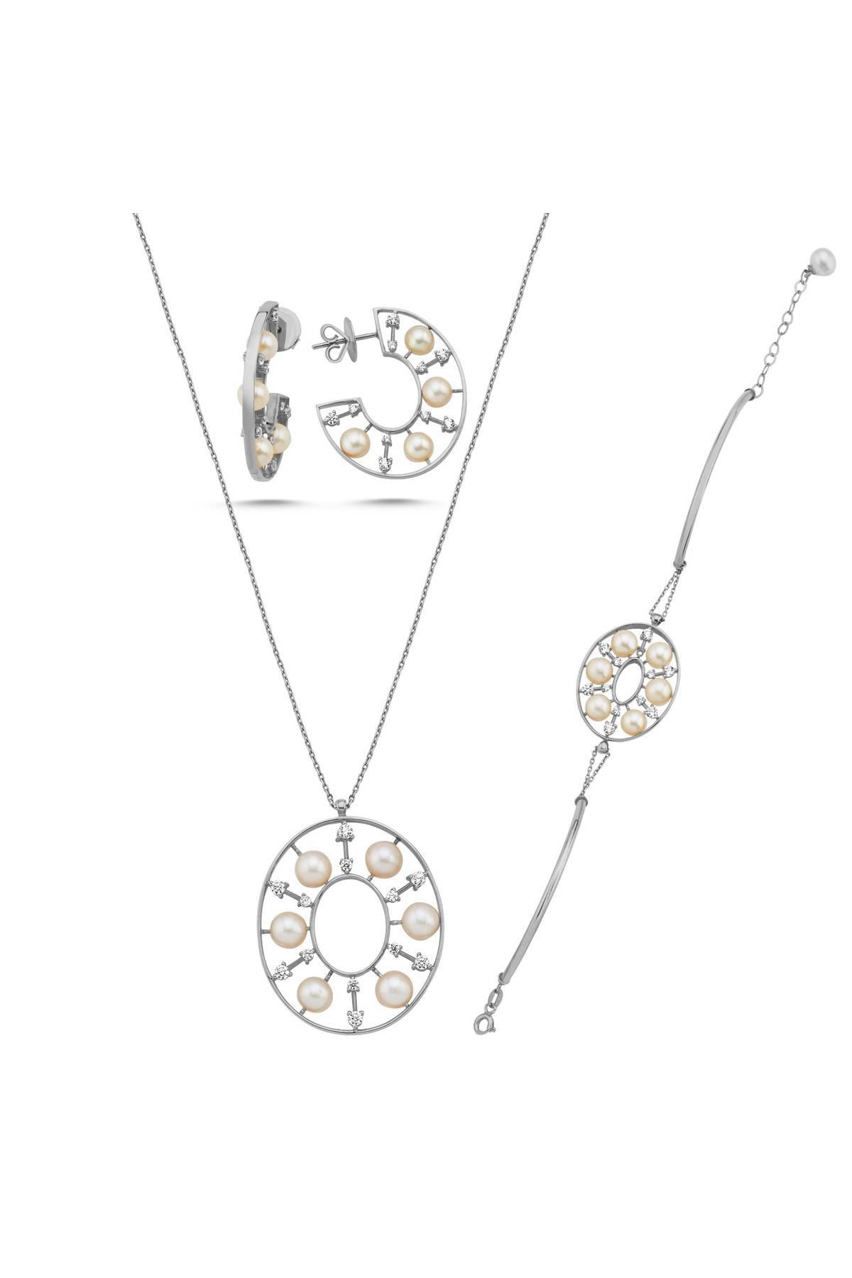 Tasarımlı Doğal İnci Küpe Kolye Bileklik Üçlü Set