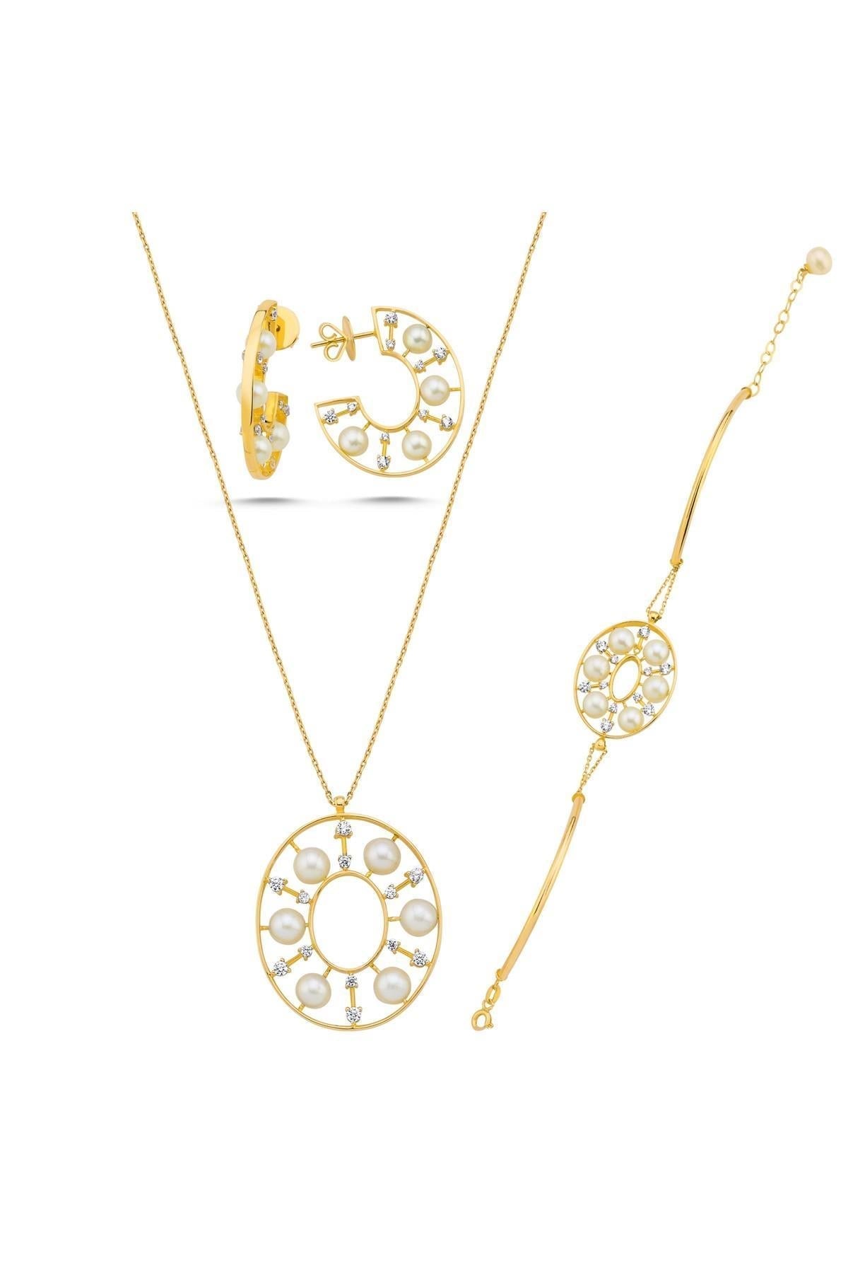 Tasarımlı Doğal İnci Küpe Kolye Bileklik Üçlü Set