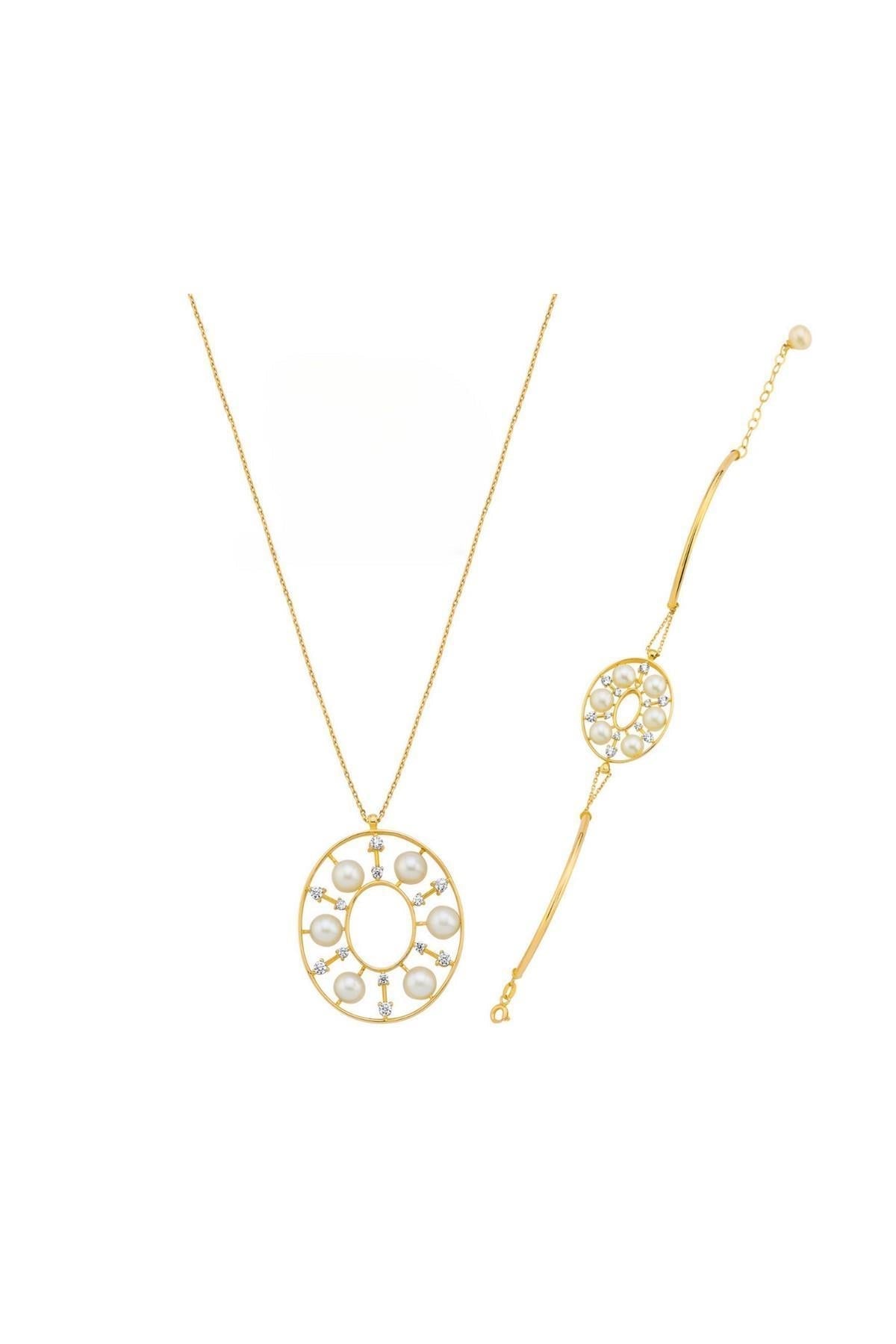 Tasarımlı Doğal İncili Kolye Bileklik İkili Set