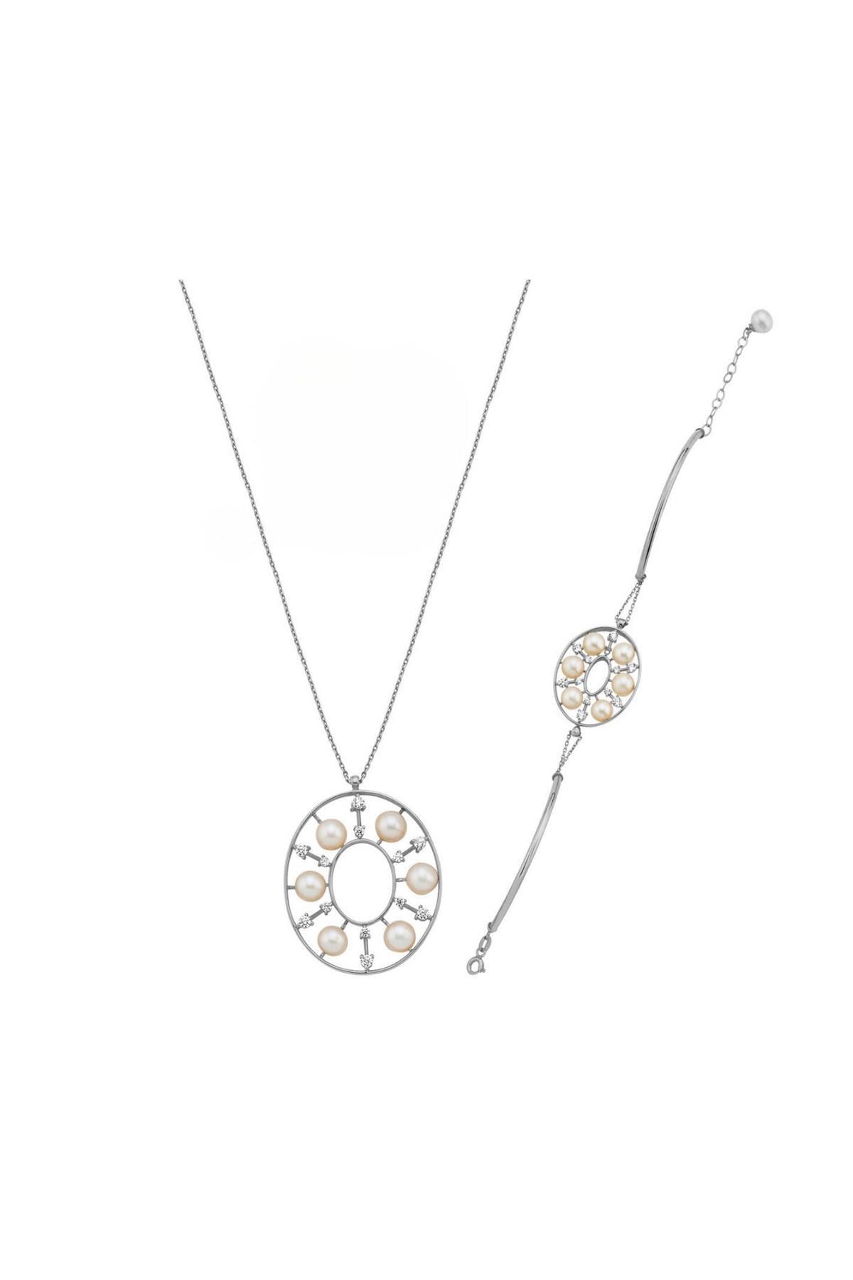 Tasarımlı Doğal İncili Kolye Bileklik İkili Set