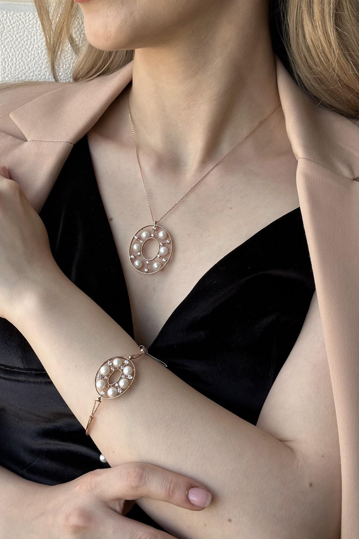 Tasarımlı Doğal İncili Kolye Bileklik İkili Set