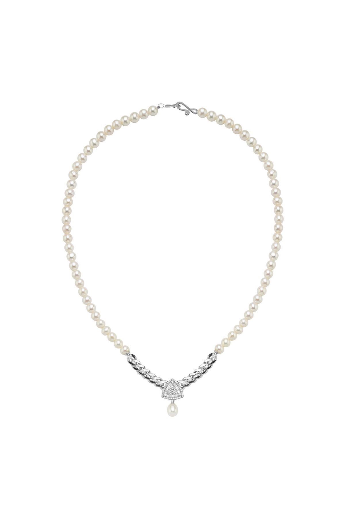 Üçgen Model Baget Taşlı Doğal İnci Kolye