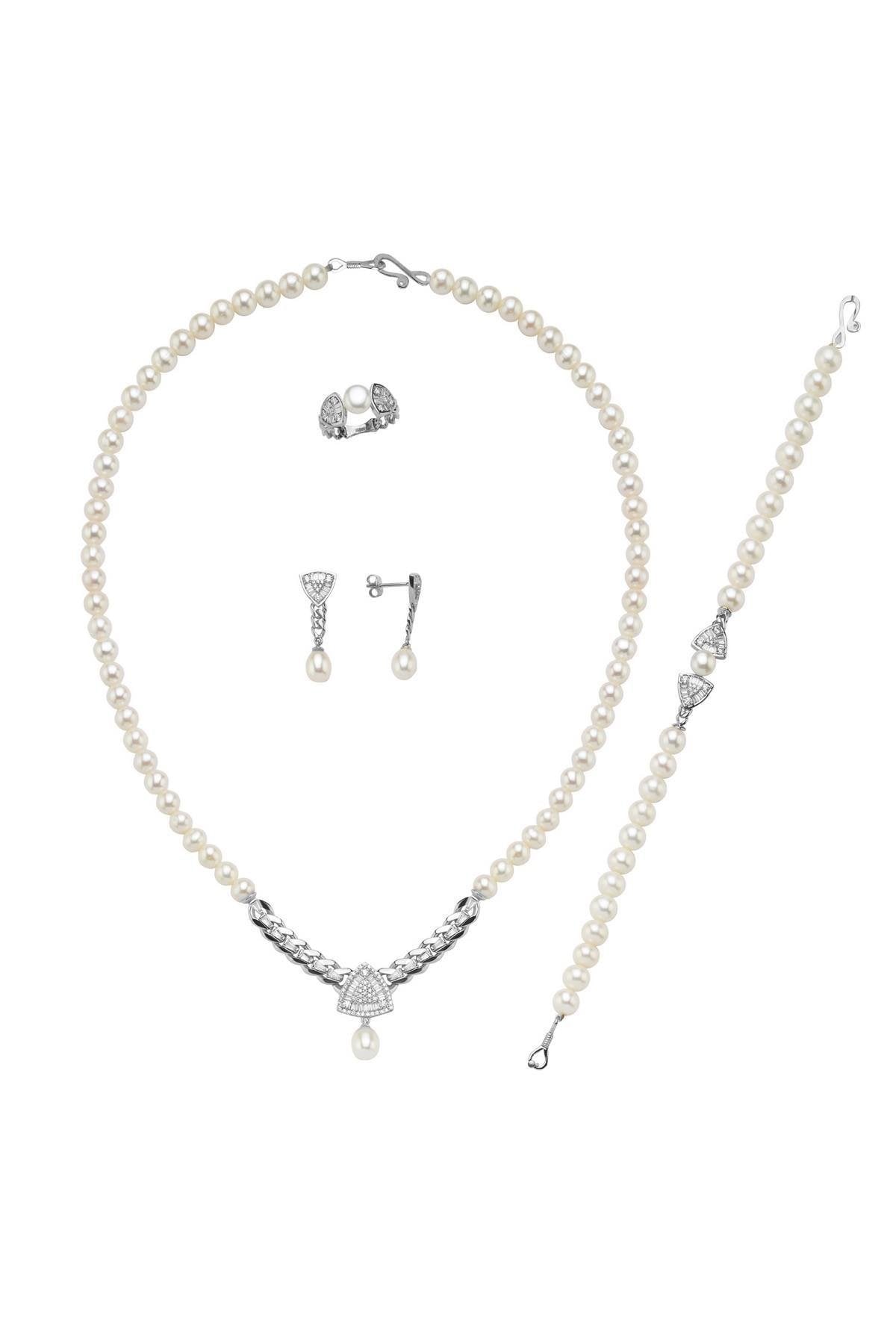 Üçgen Model Baget Taşlı Doğal İnci Küpe Kolye Bileklik Yüzük Dörtlü Set