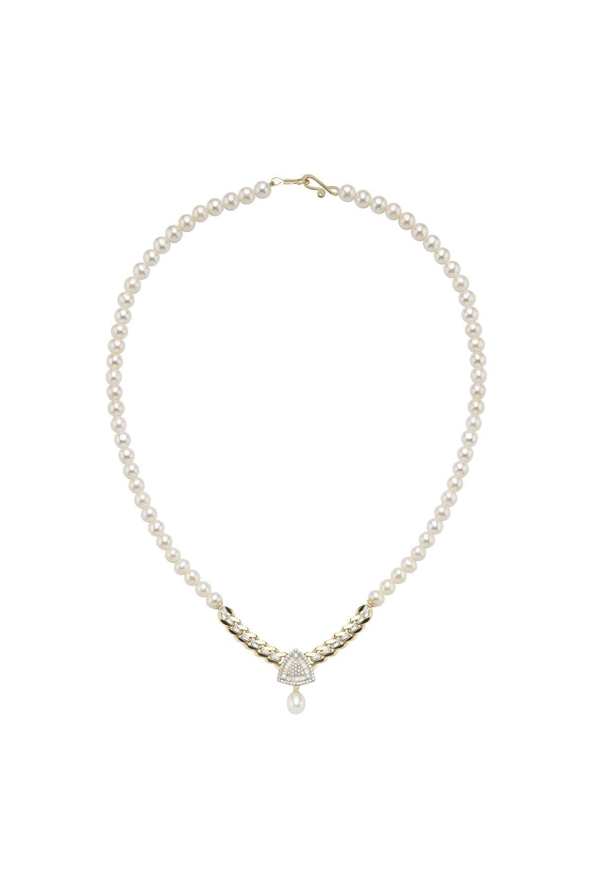 Üçgen Model Baget Taşlı Doğal İnci Kolye