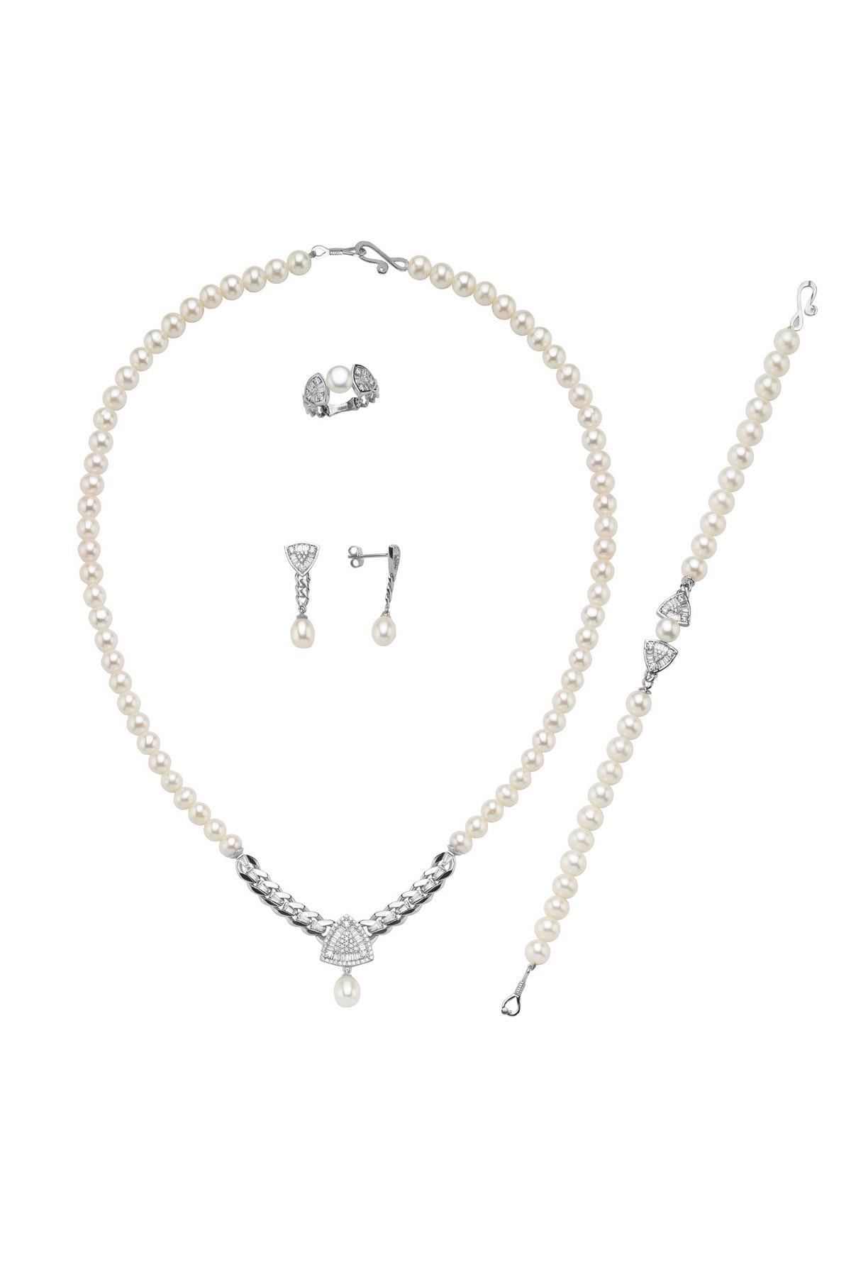 Üçgen Model Baget Taşlı Doğal İnci Küpe Kolye Bileklik Yüzük Dörtlü Set