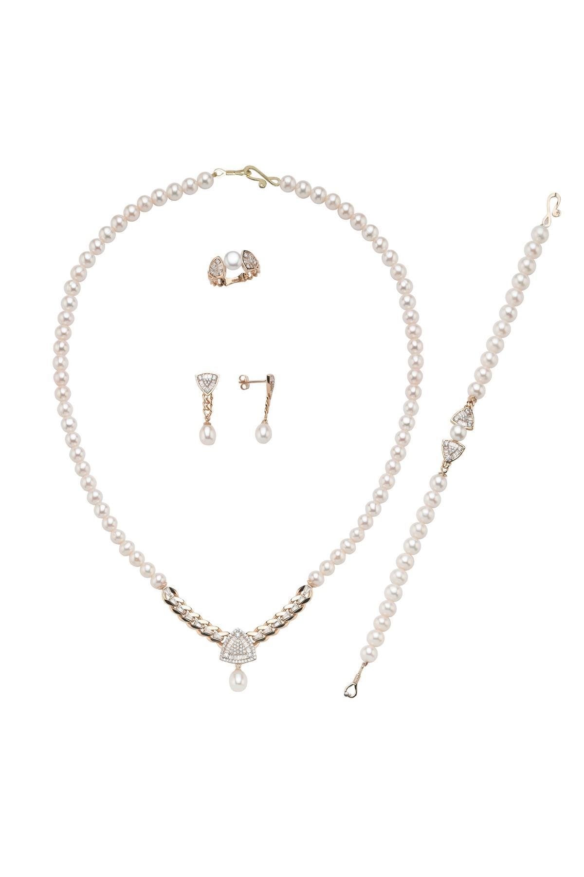 Üçgen Model Baget Taşlı Doğal İnci Küpe Kolye Bileklik Yüzük Dörtlü Set