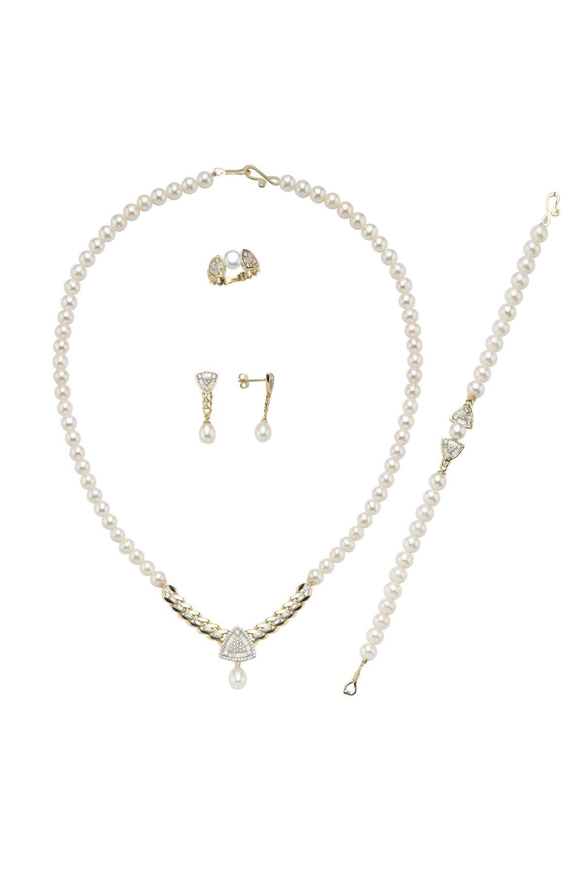 Üçgen Model Baget Taşlı Doğal İnci Küpe Kolye Bileklik Yüzük Dörtlü Set