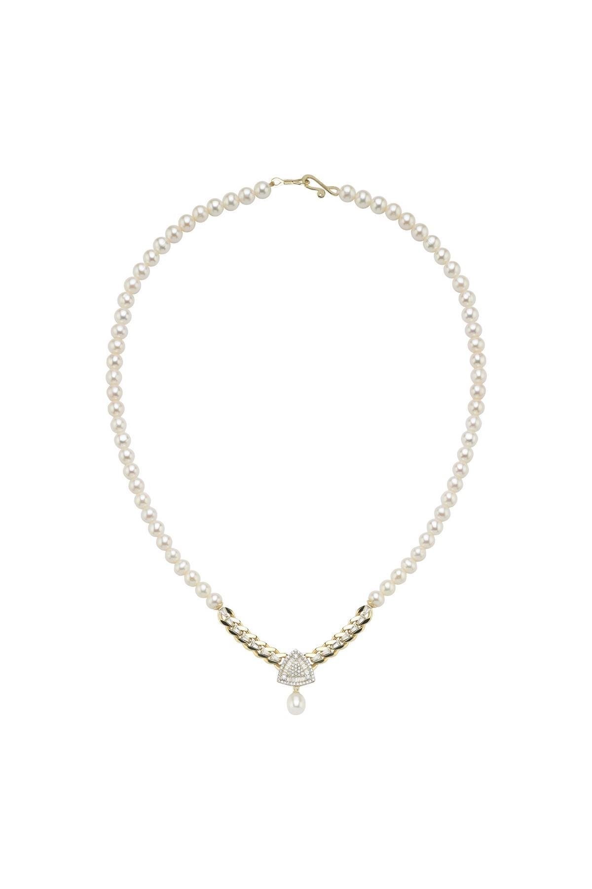 Üçgen Model Baget Taşlı Doğal İnci Kolye