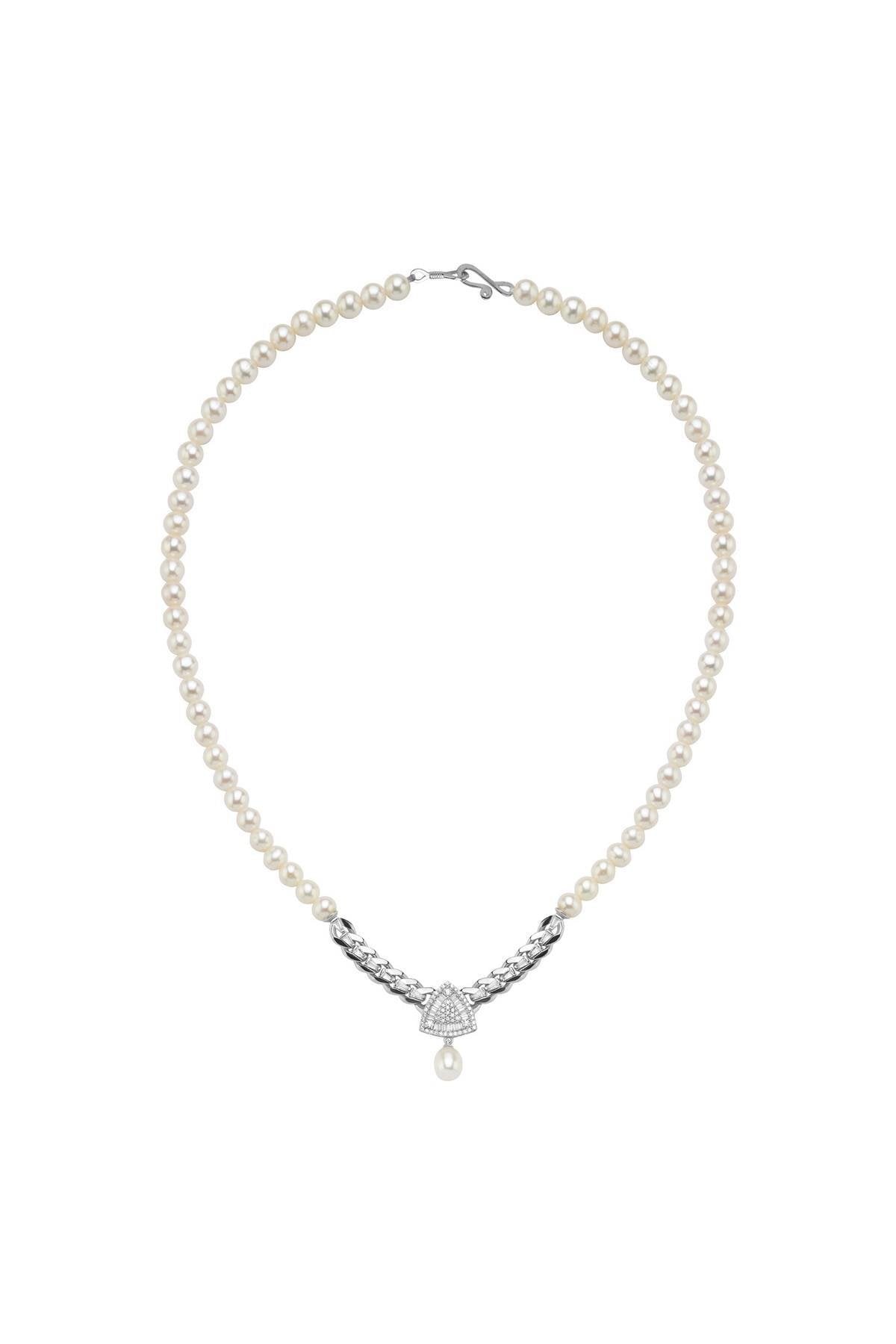 Üçgen Model Baget Taşlı Doğal İnci Kolye