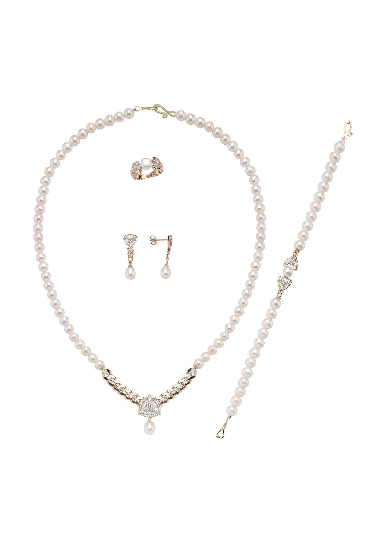 Üçgen Model Baget Taşlı Doğal İnci Küpe Kolye Bileklik Yüzük Dörtlü Set