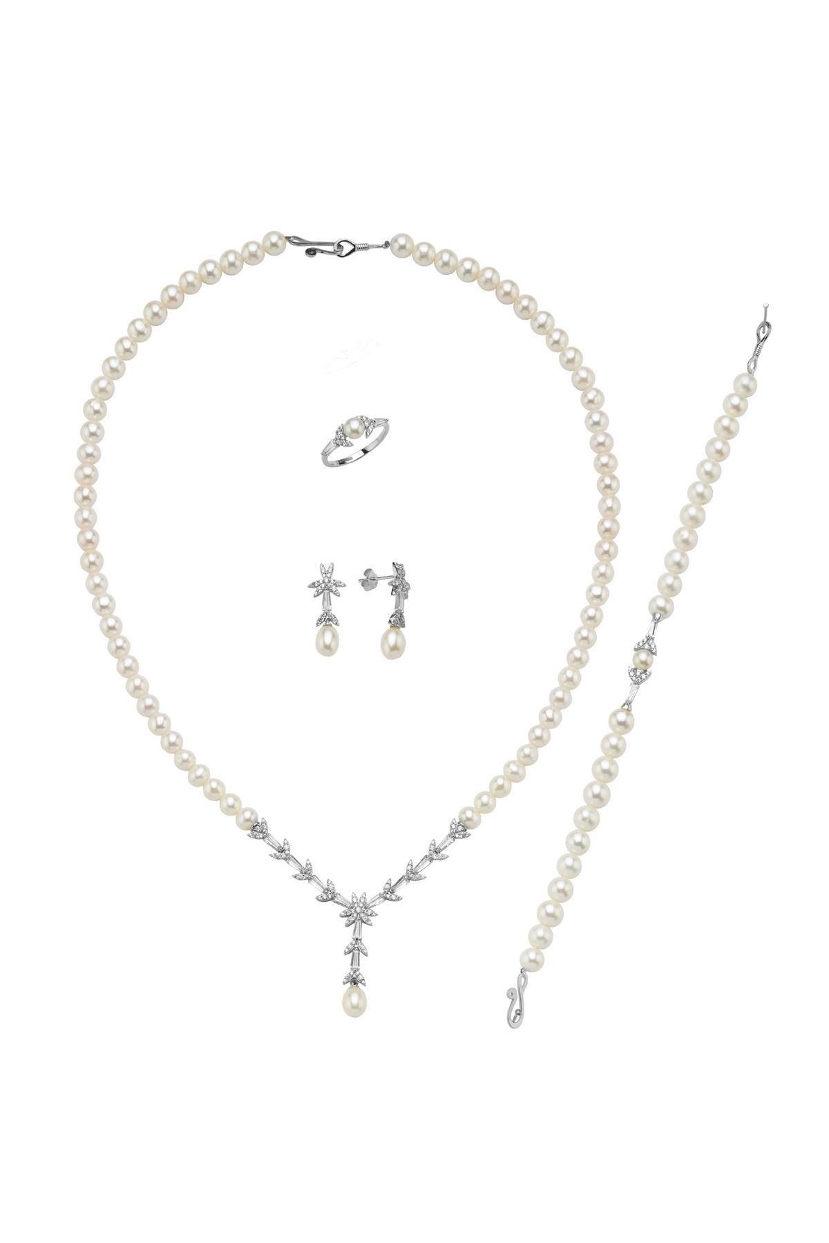 Yaprak Modelli Doğal İnci Küpe Kolye Bileklik Yüzük Dörtlü Set