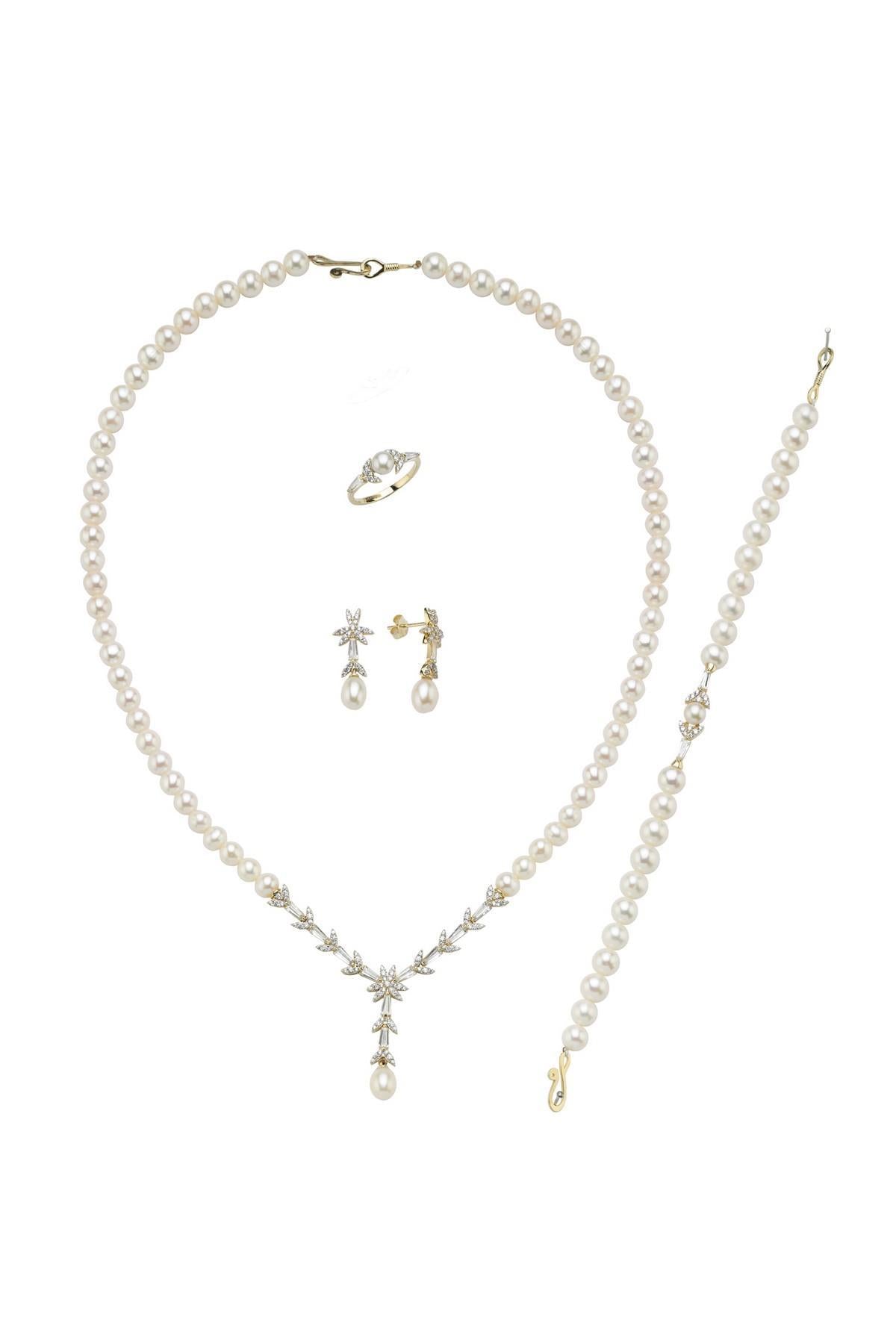 Yaprak Modelli Doğal İnci Küpe Kolye Bileklik Yüzük Dörtlü Set