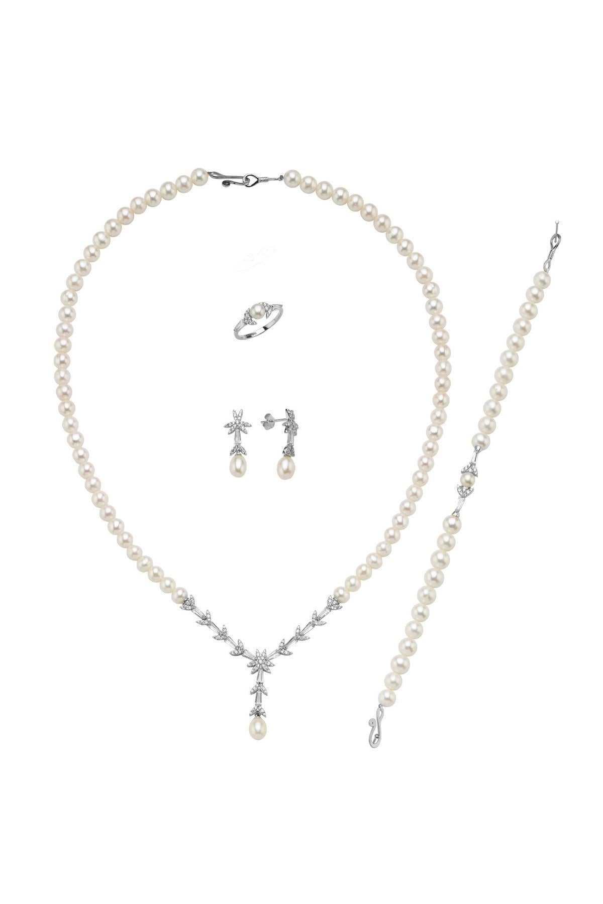 Yaprak Modelli Doğal İnci Küpe Kolye Bileklik Yüzük Dörtlü Set