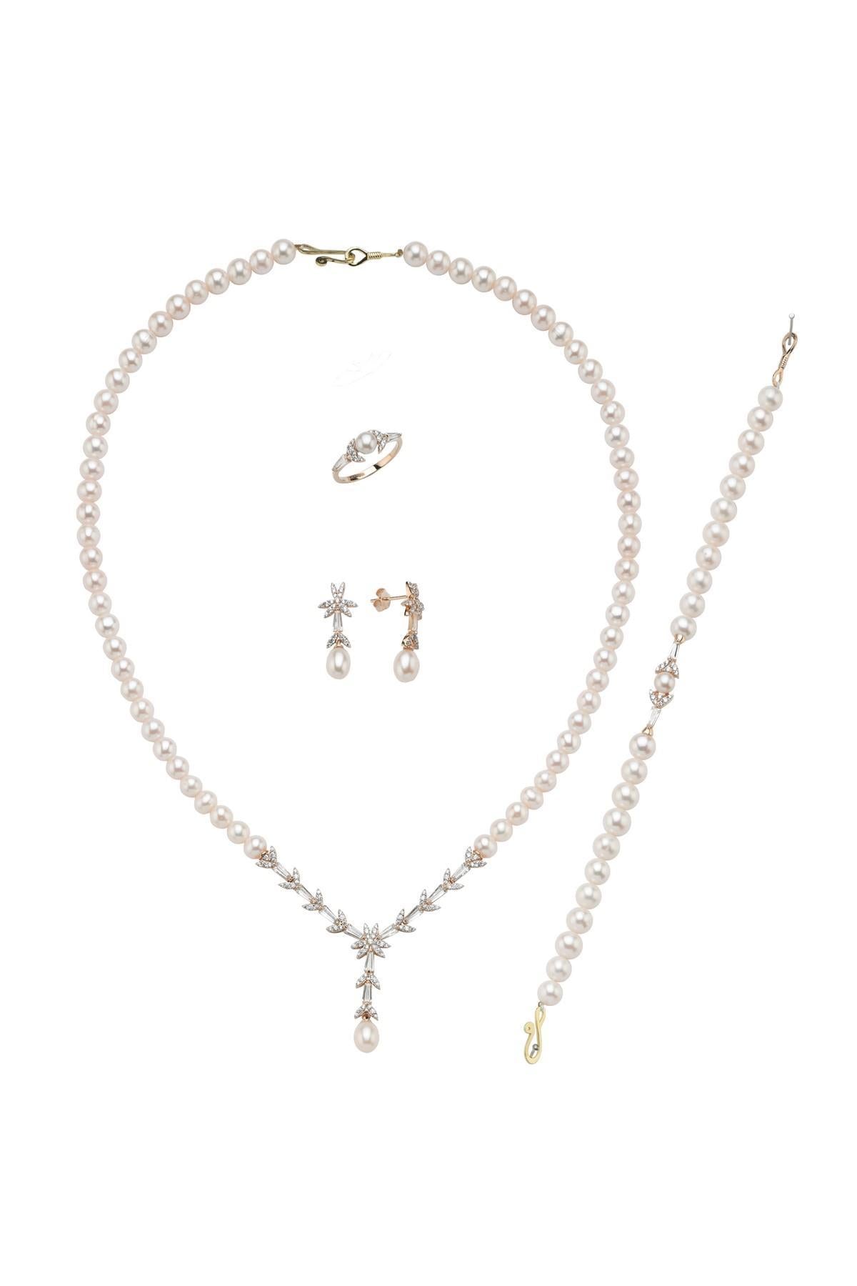 Yaprak Modelli Doğal İnci Küpe Kolye Bileklik Yüzük Dörtlü Set