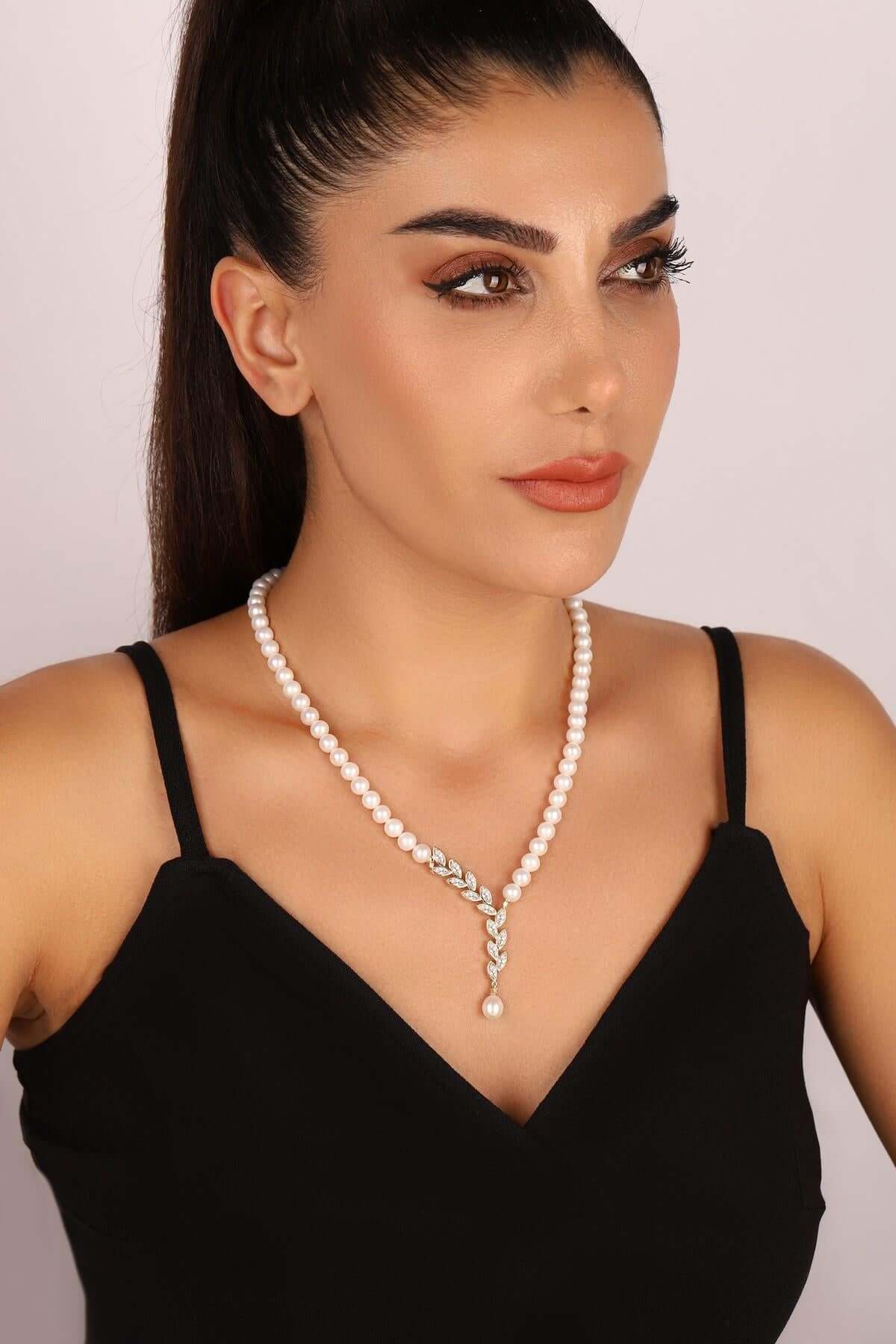 Yaprak Taşlı Doğal İnci Küpe Kolye Bileklik Yüzük Dörtlü Set