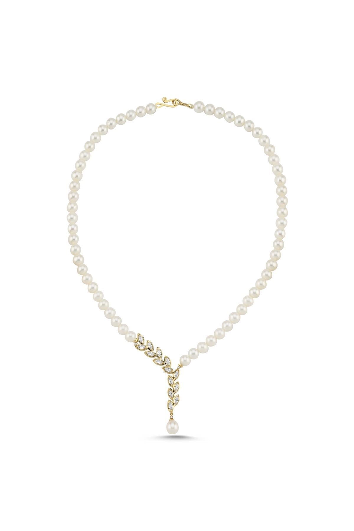 Yaprak Taşlı Doğal İnci Kolye