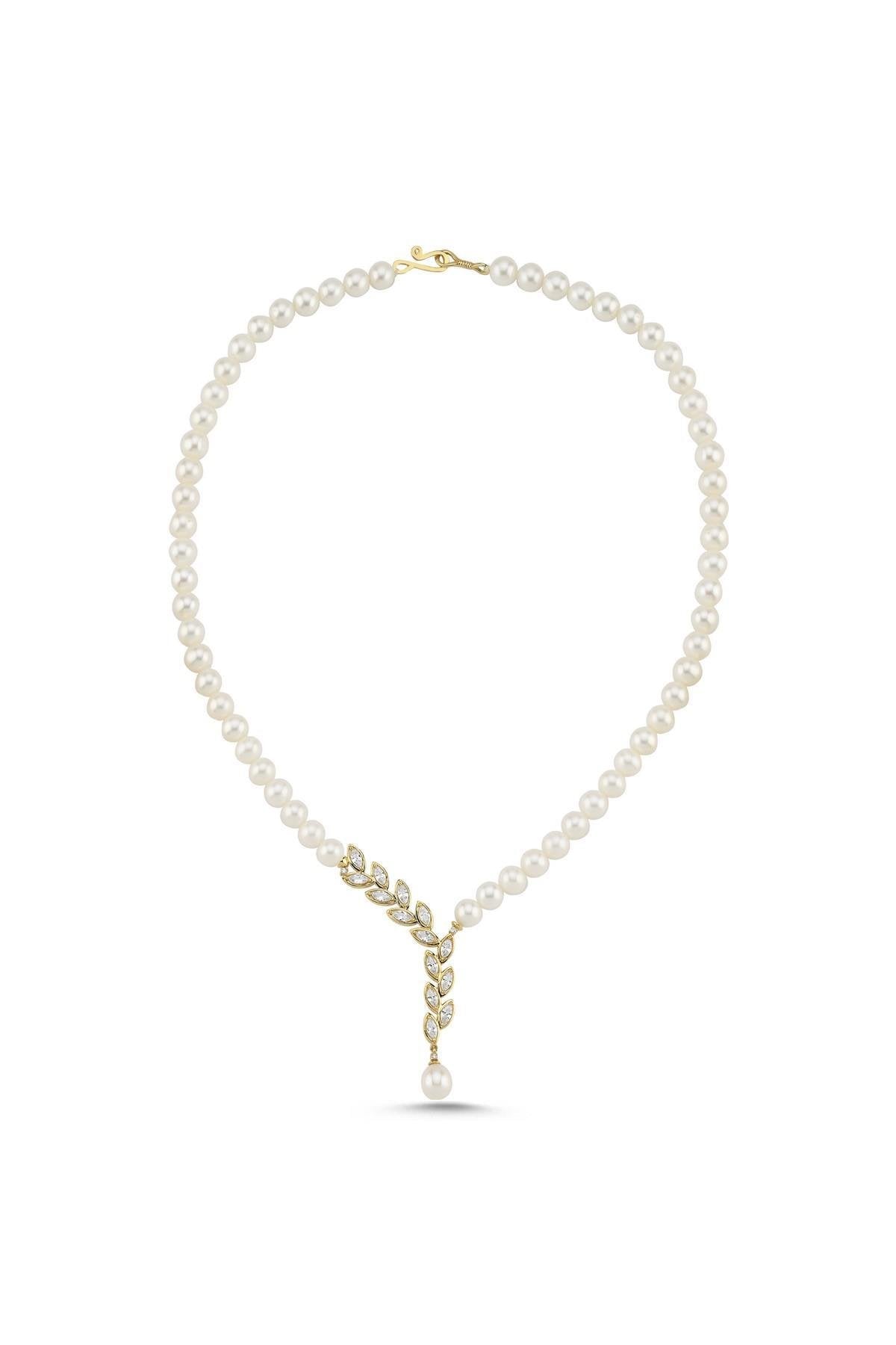 Yaprak Taşlı Doğal İnci Kolye