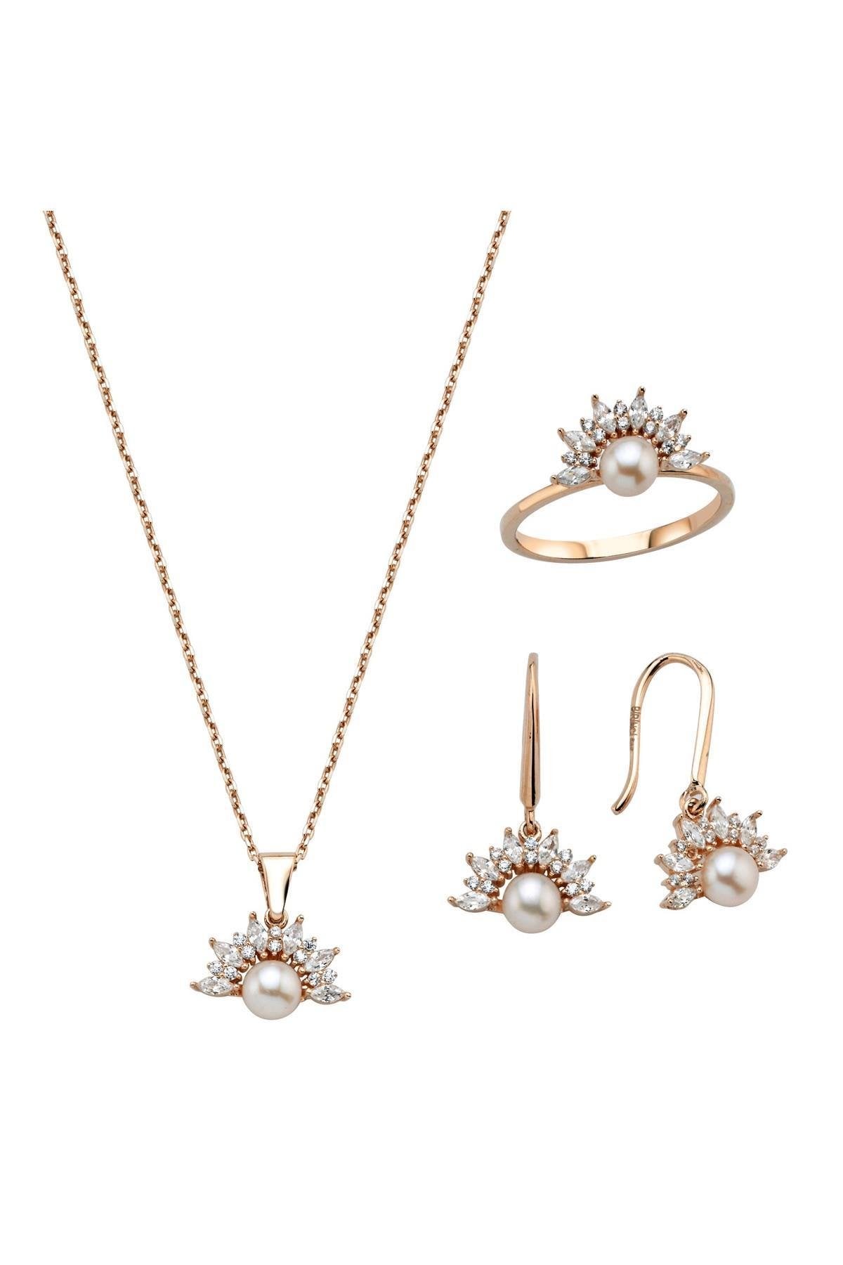 Yarım Çiçek Modelli Doğal İnci Küpe Kolye Yüzük Üçlü Set