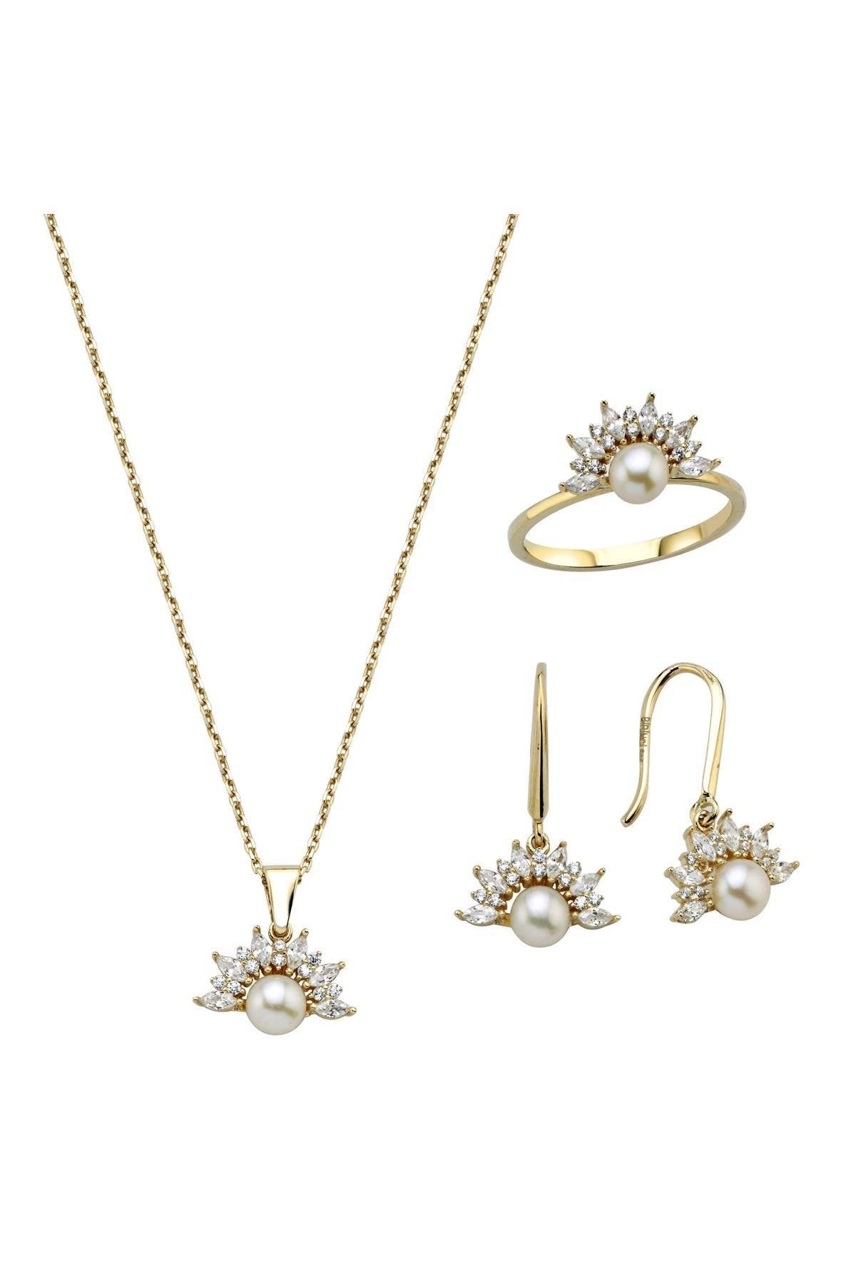 Yarım Çiçek Modelli Doğal İnci Küpe Kolye Yüzük Üçlü Set