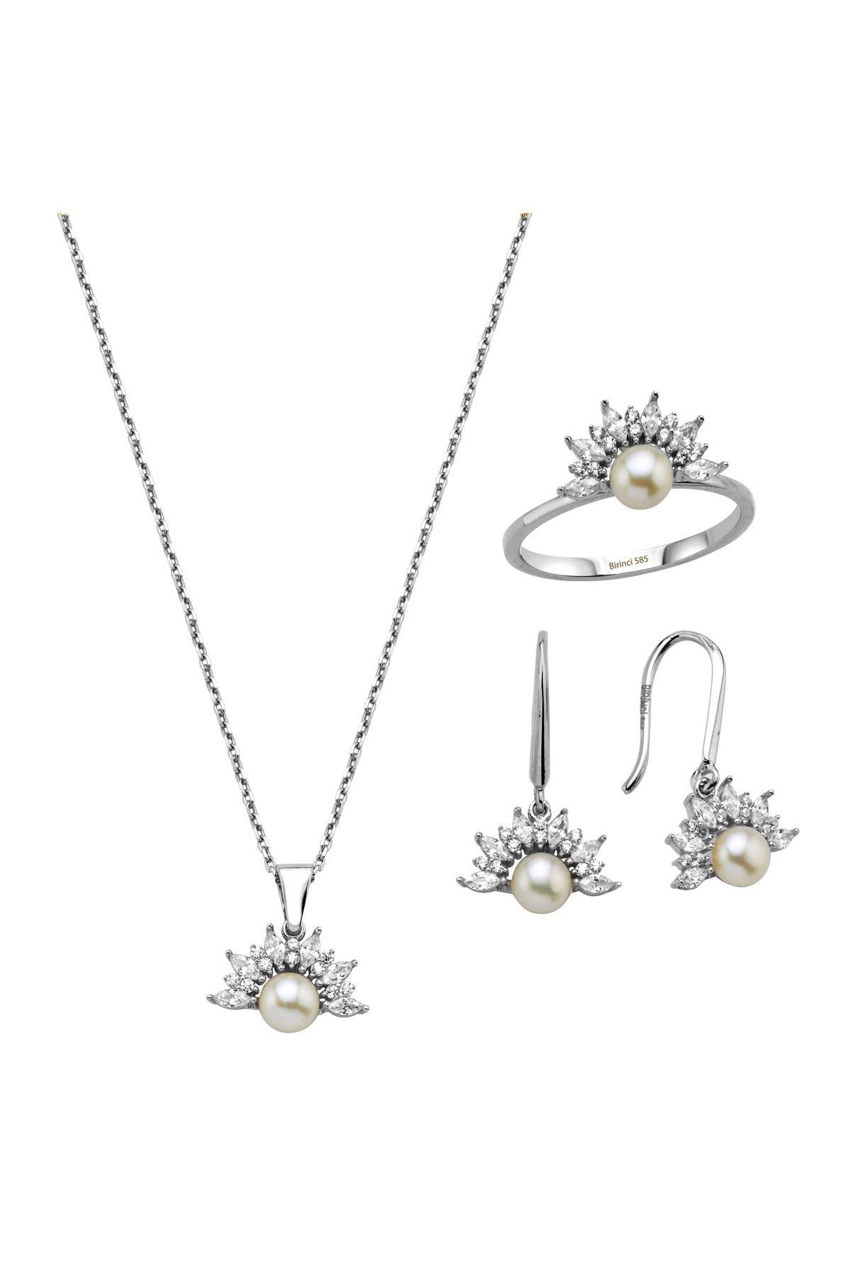 Yarım Çiçek Modelli Doğal İnci Küpe Kolye Yüzük Üçlü Set